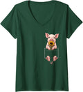 Women's Pig Pocket Holding Sunflower Farm Animal Lover V-Neck T-Shirt - Dark Green