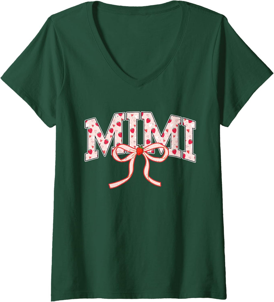 Women's Mimi Strawberry Coquette Bow Matching Family V-Neck T-Shirt - Dark Green