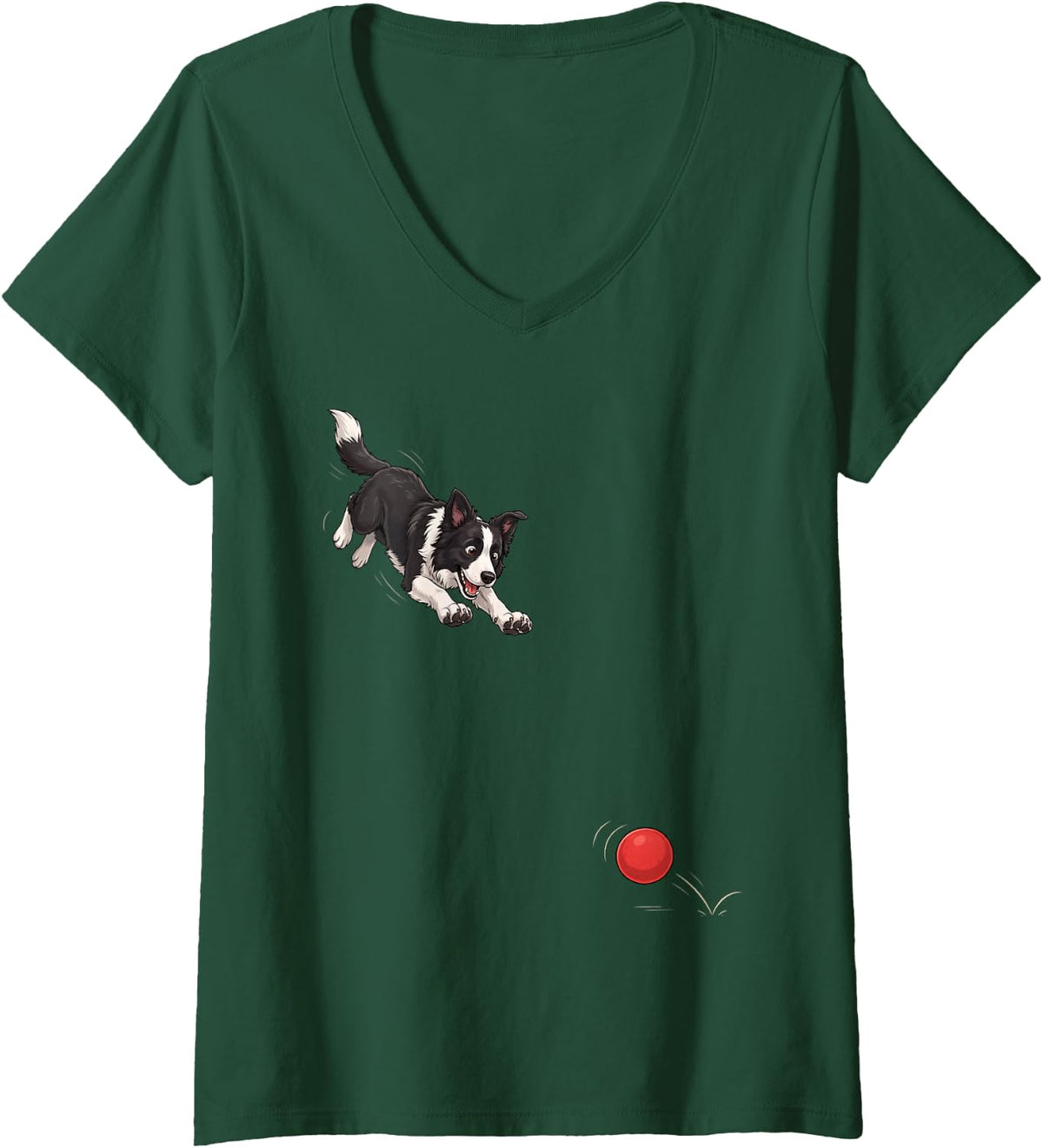 Women's Funny Border Collie Chasing Ball Dog Humor V-Neck T-Shirt - Dark Green