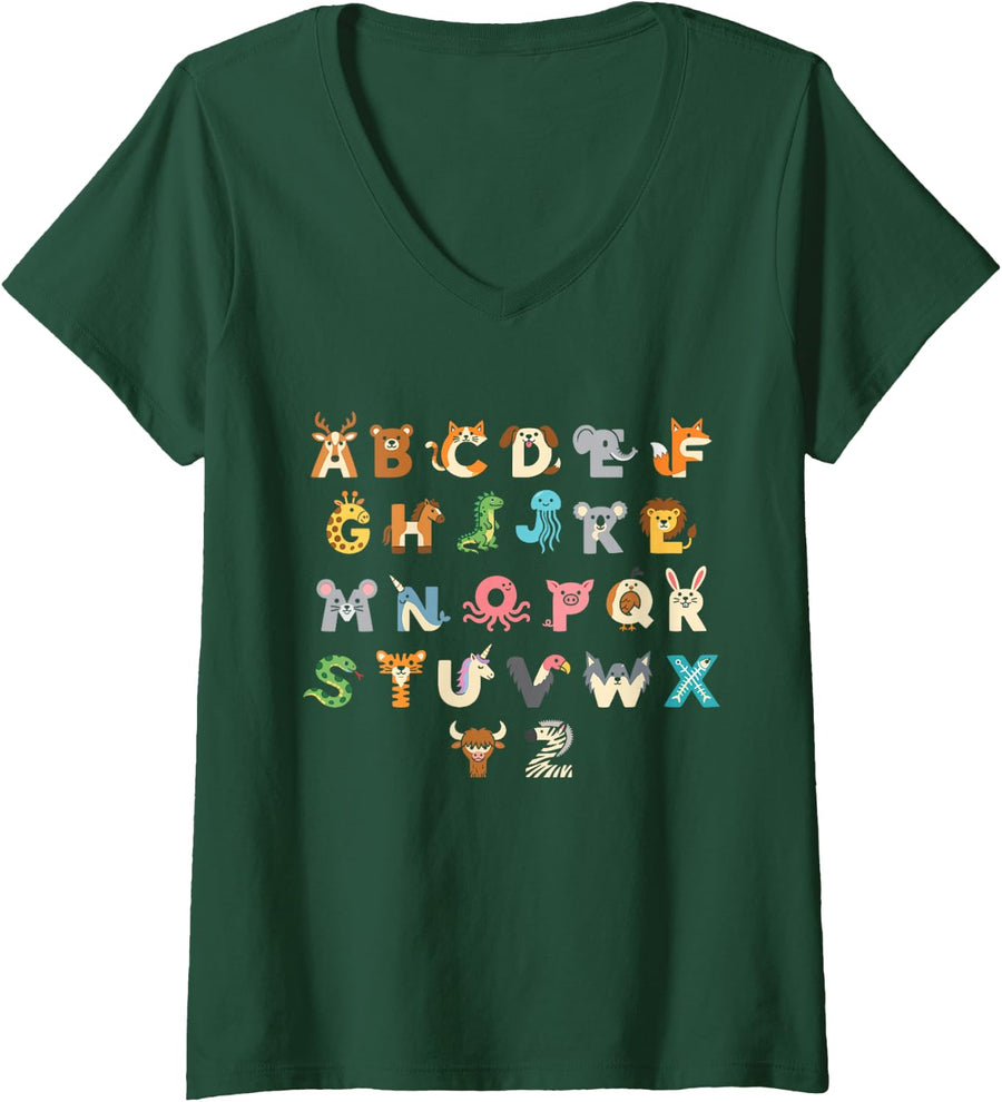 Women's Animal Alphabet ABC Preschool Kindergarten Learning V-Neck T-Shirt - Dark Green