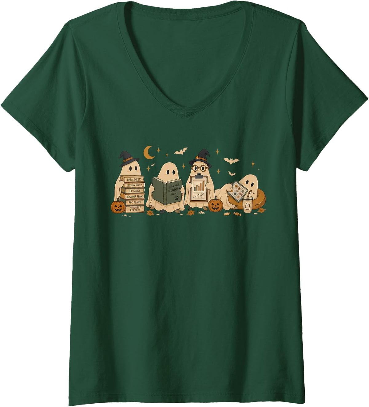 Women's Halloween ABA Therapist Cute Ghost Behavior Analyst Spooky V-Neck T-Shirt - Dark Green