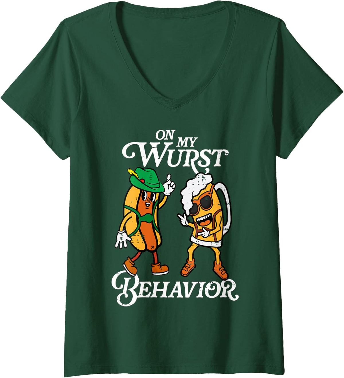 Women's Oktoberfest On My Wurst Behavior Funny German Men Women V-Neck T-Shirt - Dark Green