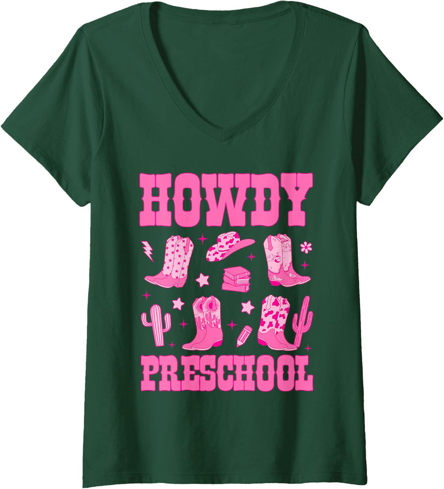 Women's Howdy Preschool Teacher Student Western Country Cowgirl V-Neck T-Shirt - Dark Green