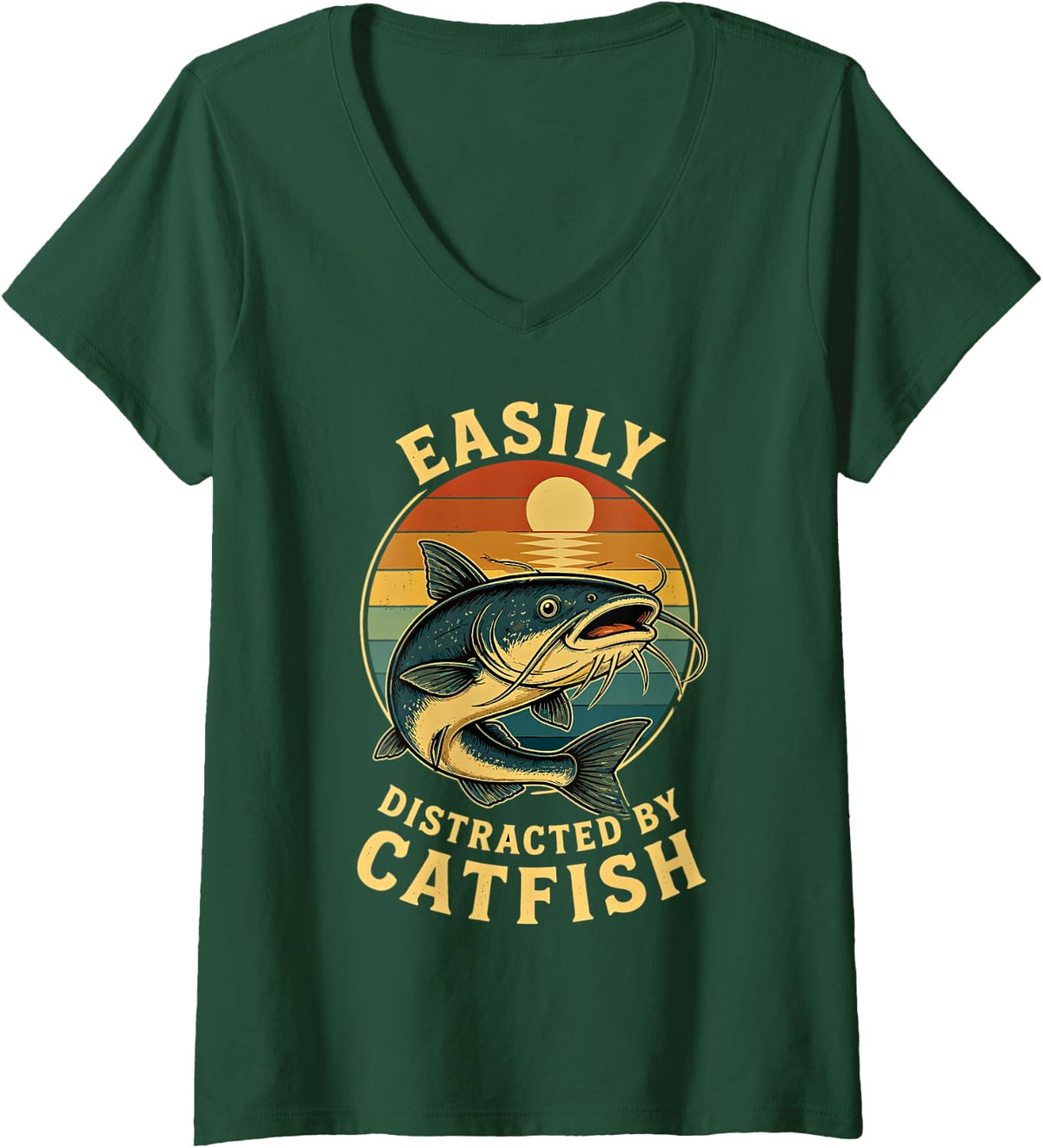 Women's Catfish Fishing Men Women Easily Distracted By Catfishing V-Neck T-Shirt - Dark Green