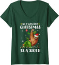 Women's All I Want for Christmas is Sloth T-Shirt Cute Sloth Lovers V-Neck T-Shirt - Dark Green