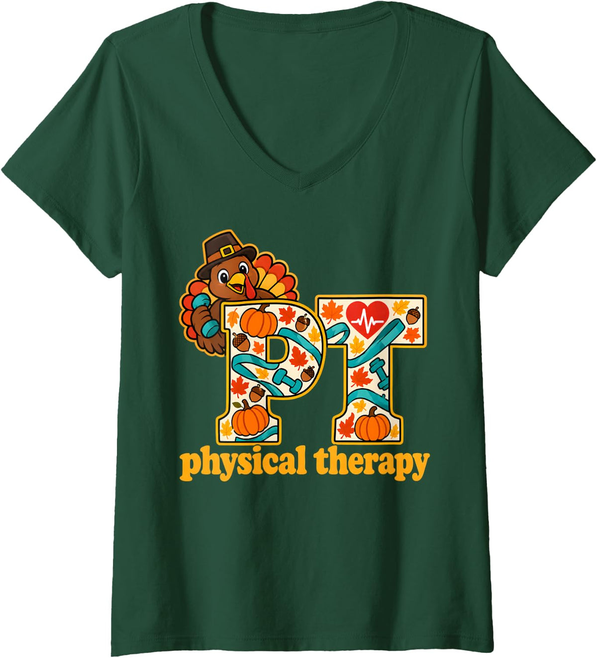 Women's Physical Therapy Thanksgiving Turkey Pumpkin Fall PT Women V-Neck T-Shirt - Dark Green