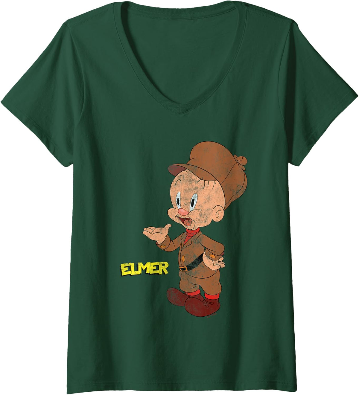 Women's Looney Tunes Elmer Fudd Retro Large Pose V-Neck T-Shirt - Dark Green