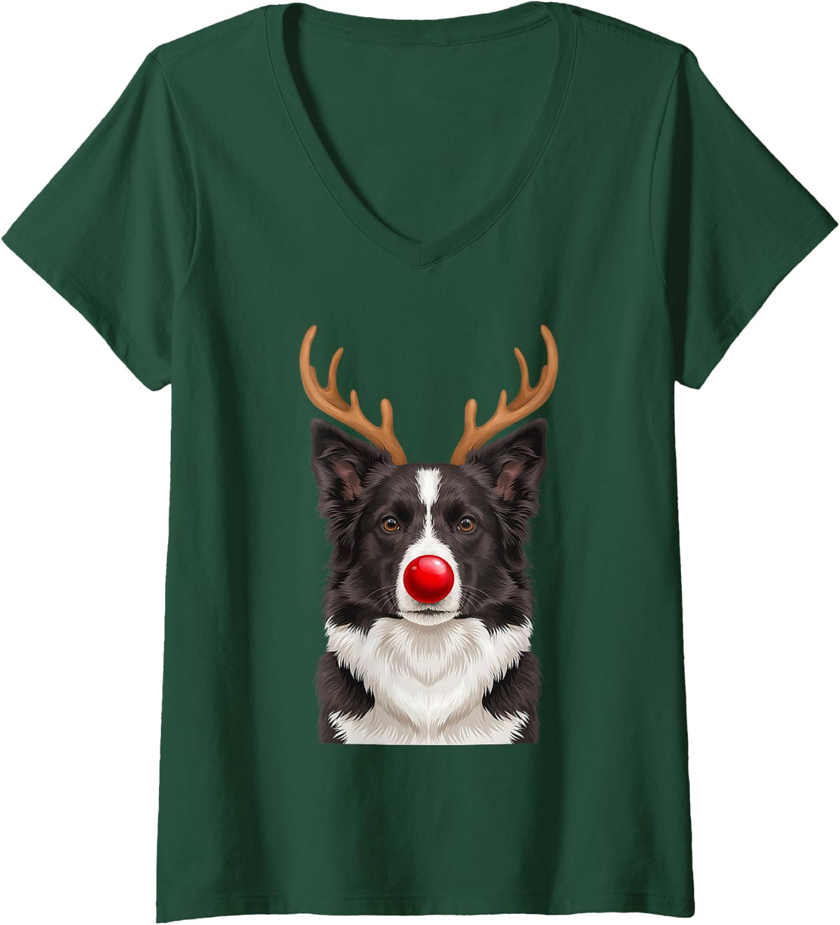 Women's Border Collie Reindeer Antlers Red Nose Puppy Mom and Dad V-Neck T-Shirt - Dark Green