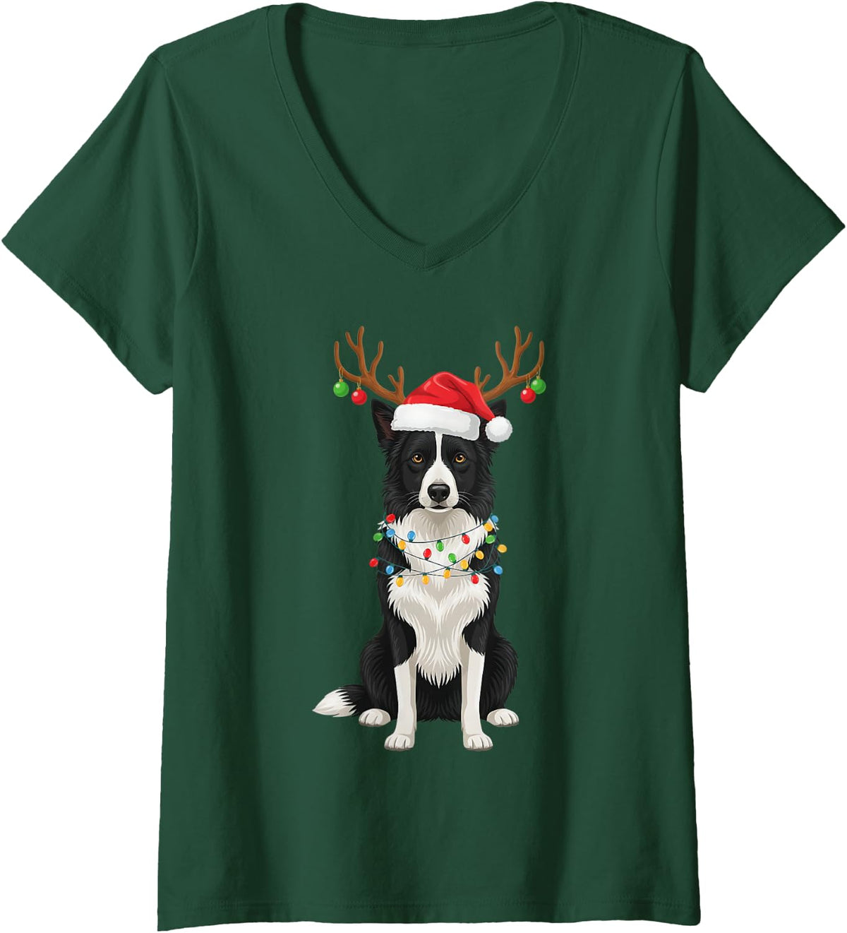 Women's Border Collie Reindeer Antlers Santa Hat Dog Mom Dad V-Neck T-Shirt - Dark Green