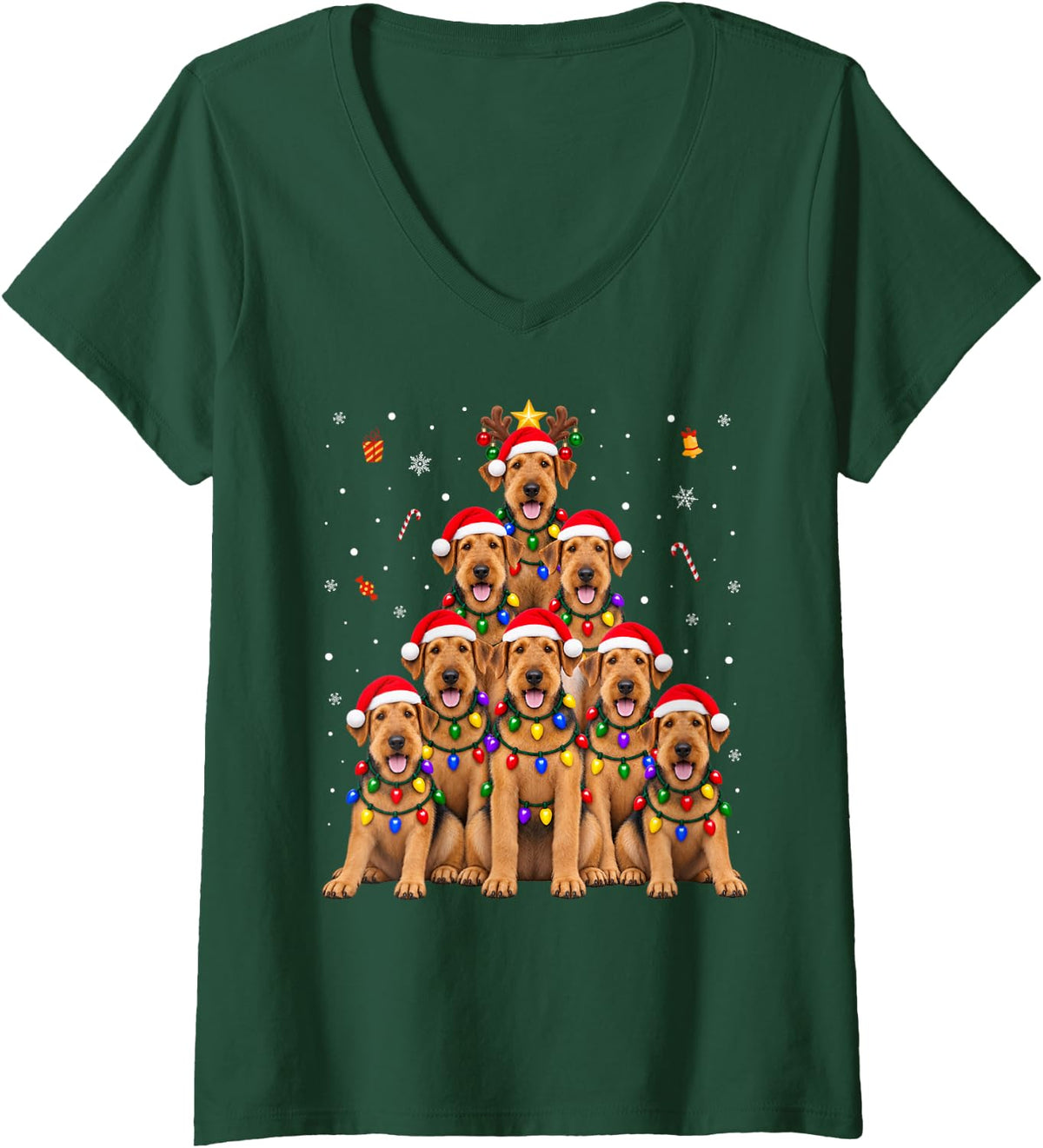 Women's Airedale Terrier Christmas Tree Dogs Santa Hats Lights Xmas V-Neck T-Shirt - Dark Green