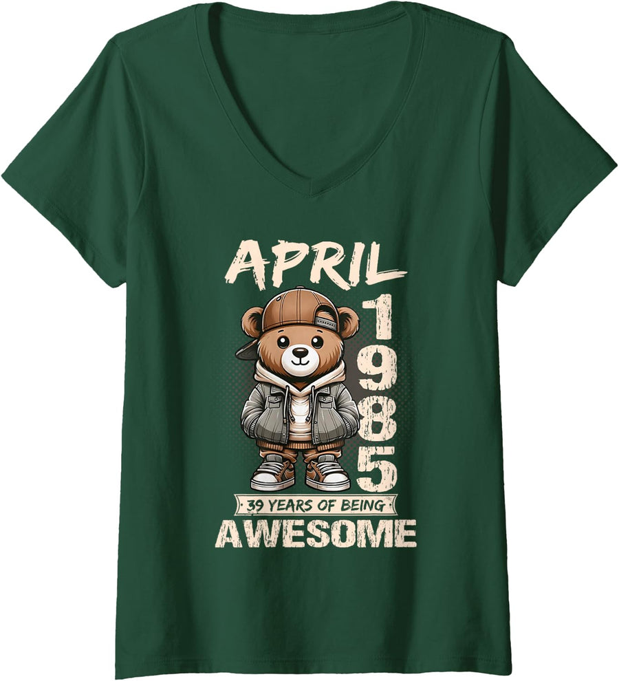 Women's April 39th Birthday Men Women 1985 Awesome Teddy Bear V-Neck T-Shirt - Dark Green