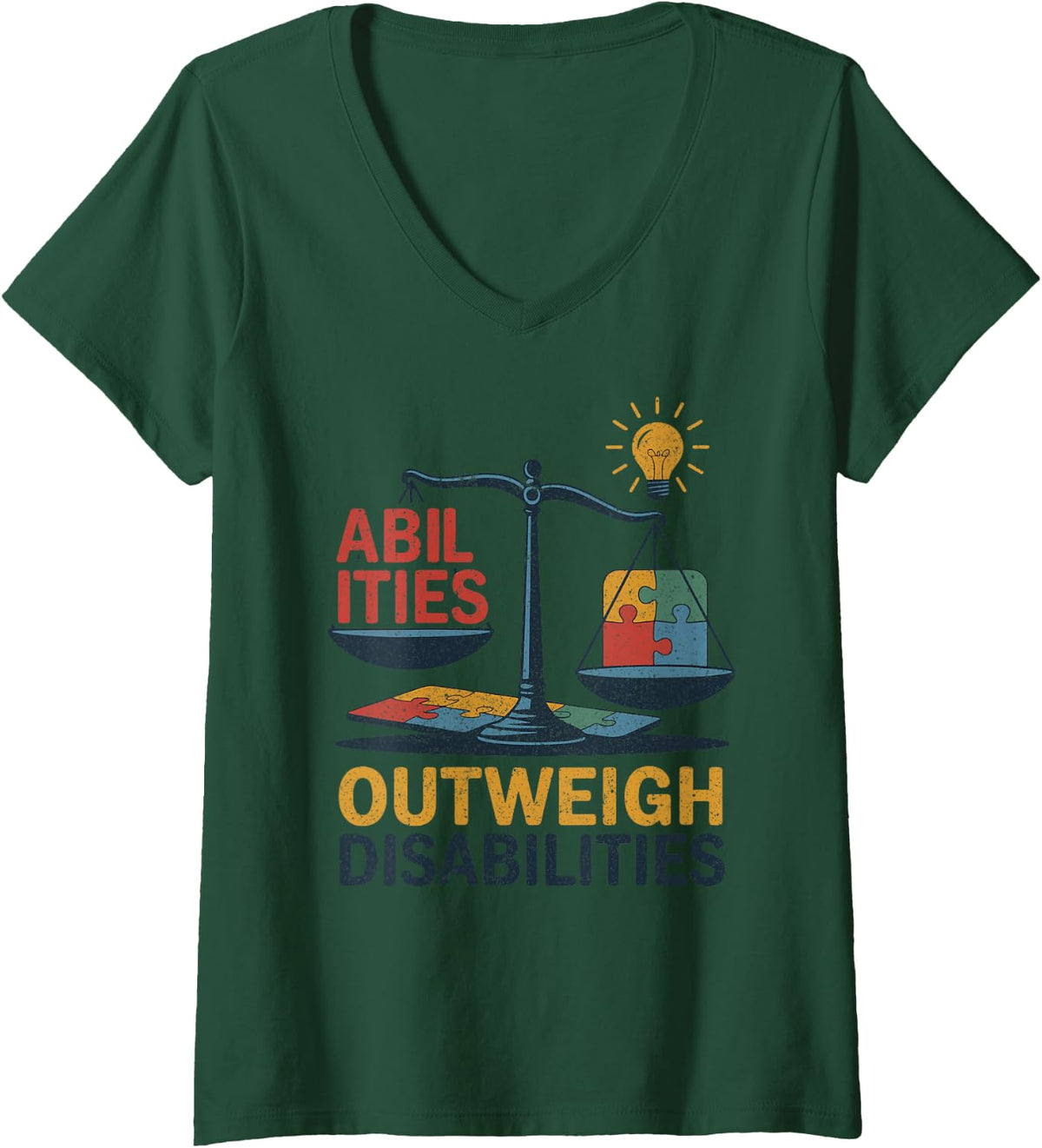 Women's Autism Teacher Abilities Outweigh Disabilities V-Neck T-Shirt - Dark Green