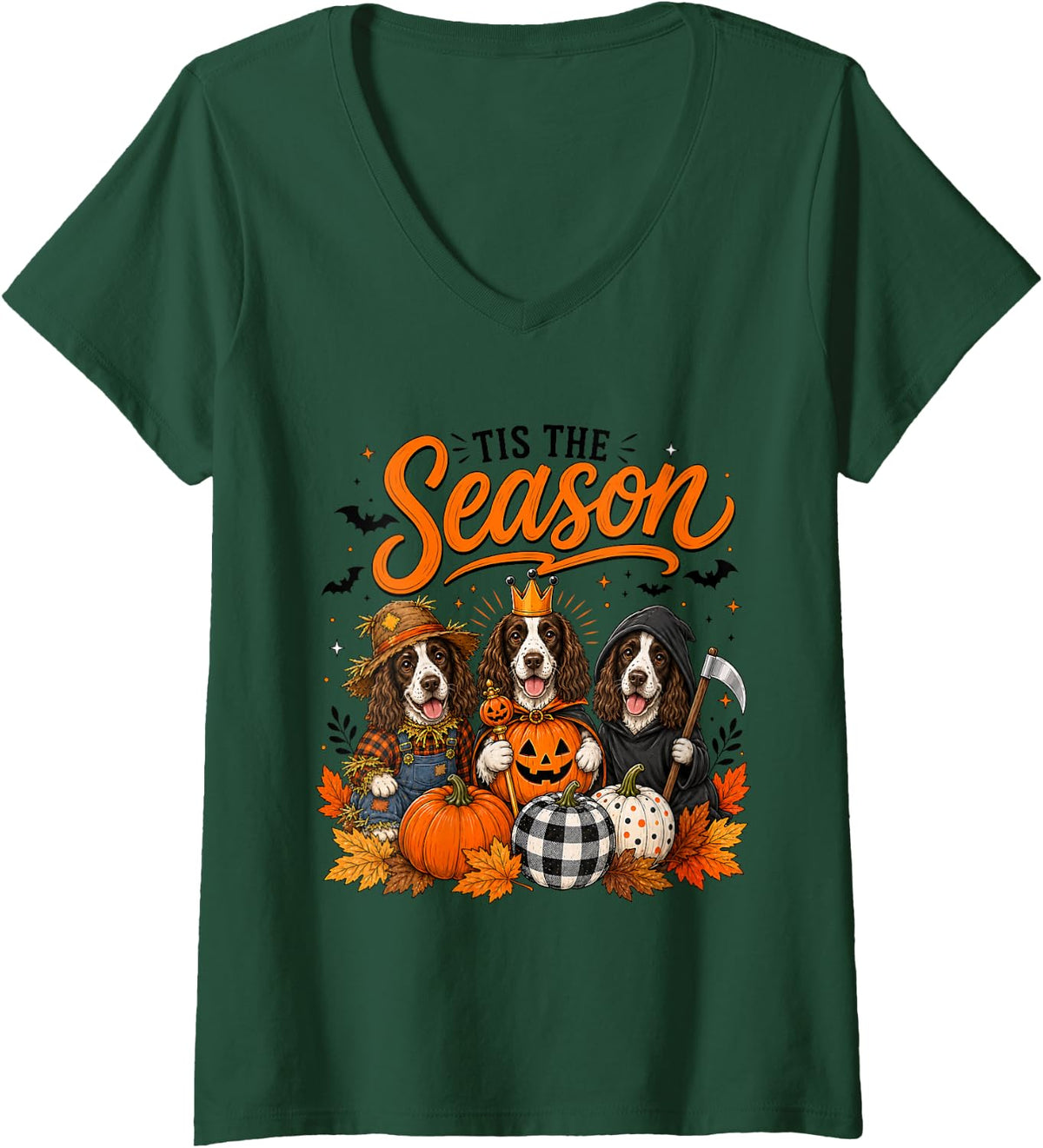 Women's Tis The Season Halloween Border Collie Pumpkin Costume V-Neck T-Shirt - Dark Green