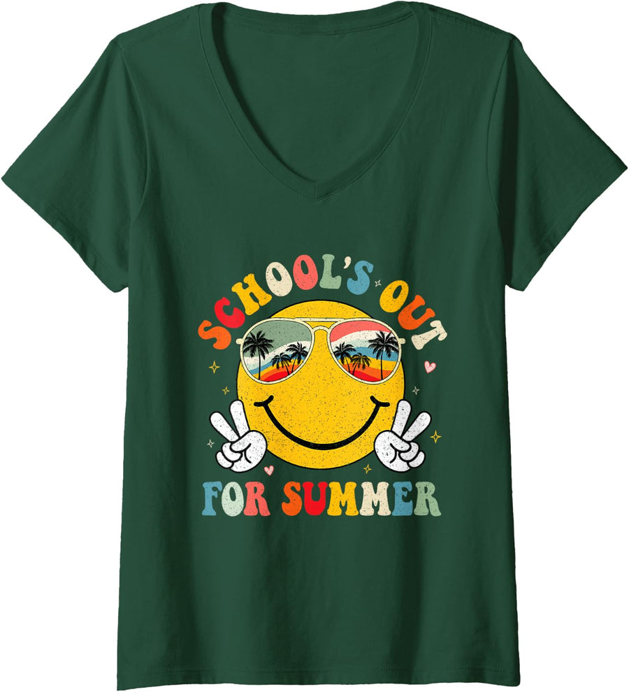 Women's Last Day Of School Retro Schools Out For Summer Teacher Tee V-Neck T-Shirt - Dark Green