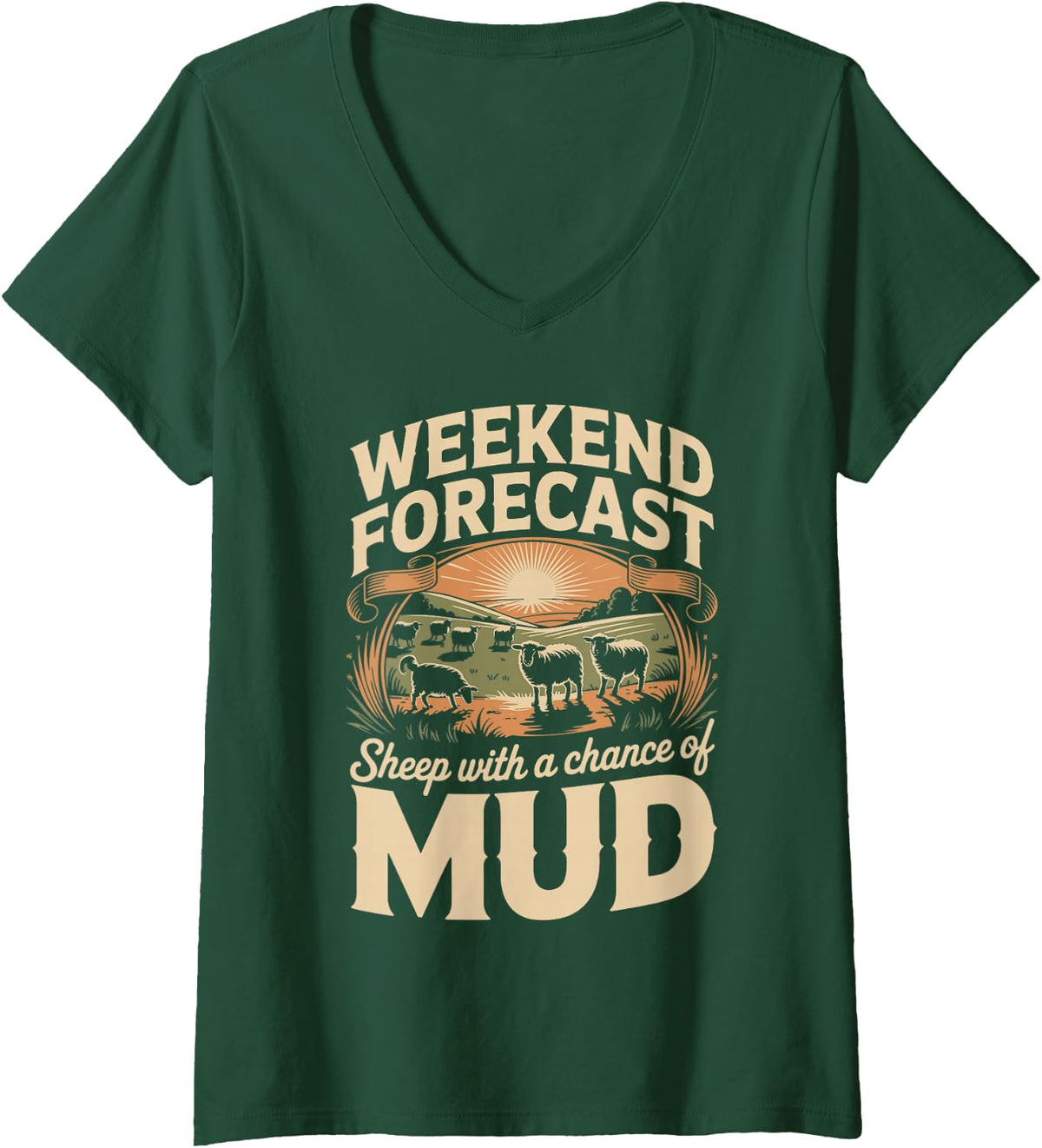 Women's Weekend Forecast Sheep with A Chance of Mud Border Collie V-Neck T-Shirt - Dark Green