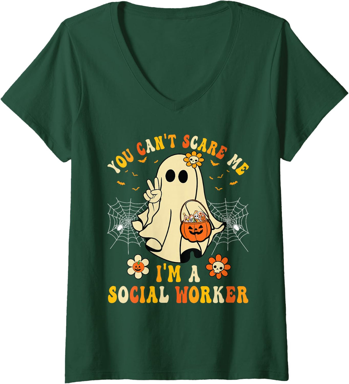 Womens You Can't Scare Me I'm a School Social Worker Halloween V-Neck T-Shirt - Dark Green