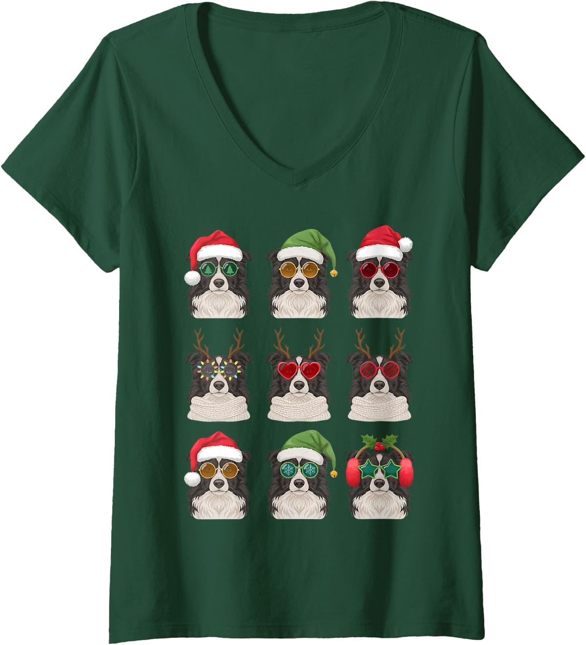 Women's Cute Border Collie Funny Christmas Pajama Silly Dog Mom V-Neck T-Shirt - Dark Green