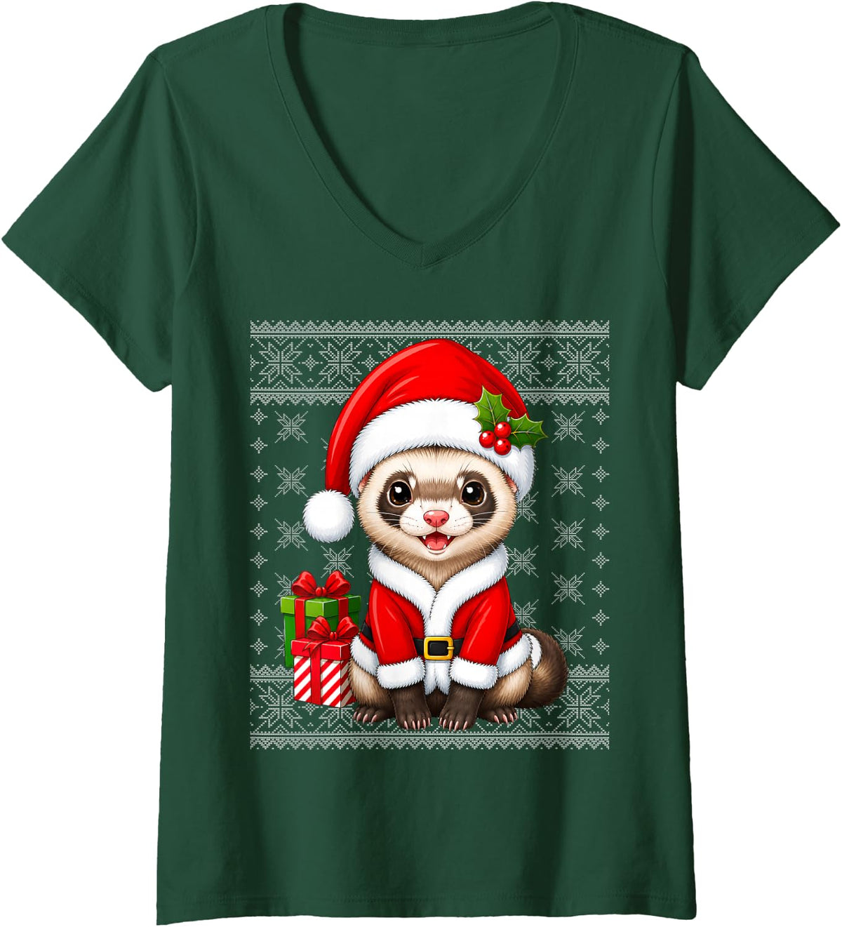Women's Ferret in Christmas Santa Costume Ugly Sweaters Xmas V-Neck T-Shirt - Dark Green