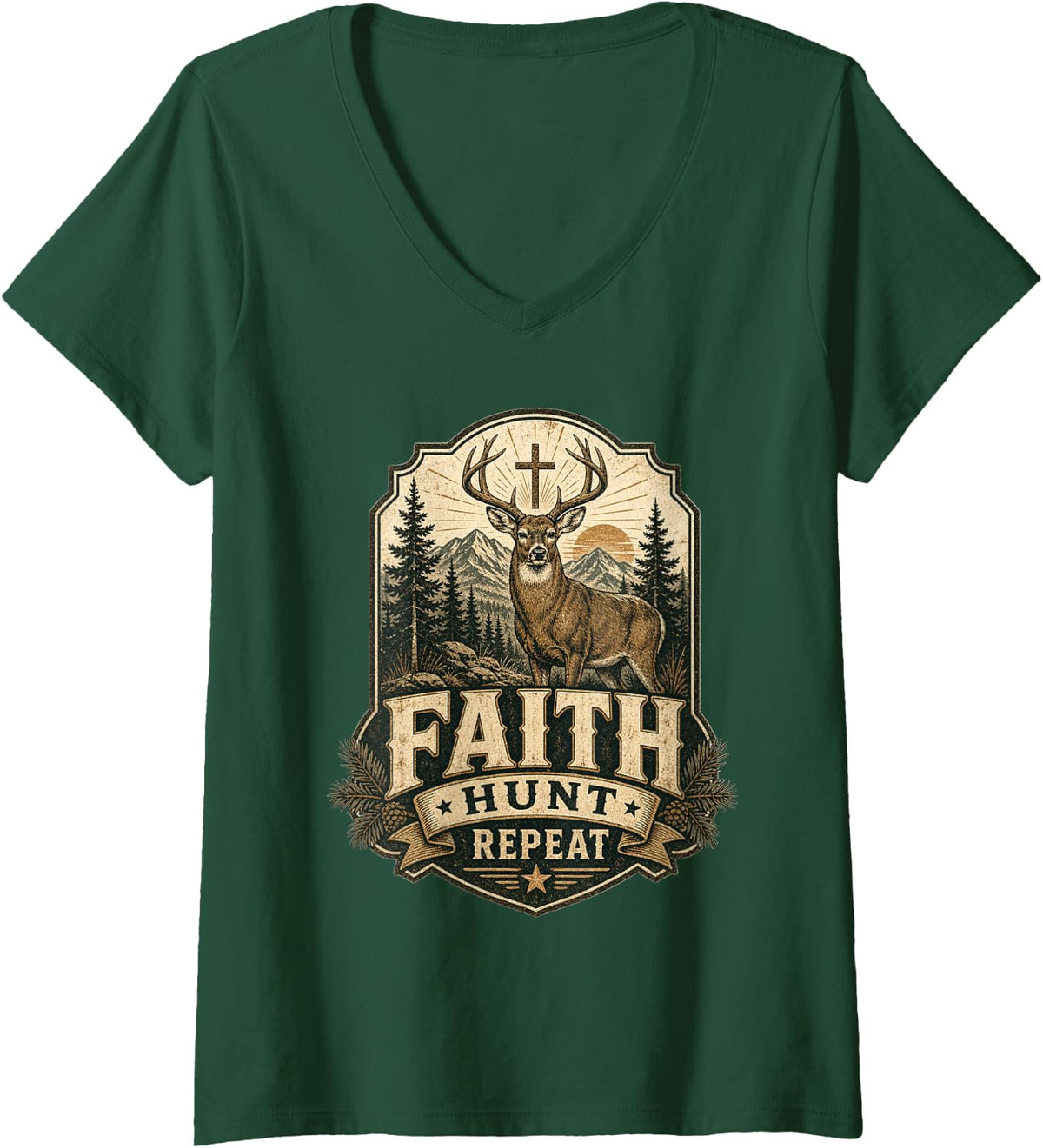 Women's Faith Hunt Repeat Deer Hunting Cross Whitetail Buck V-Neck T-Shirt - Dark Green