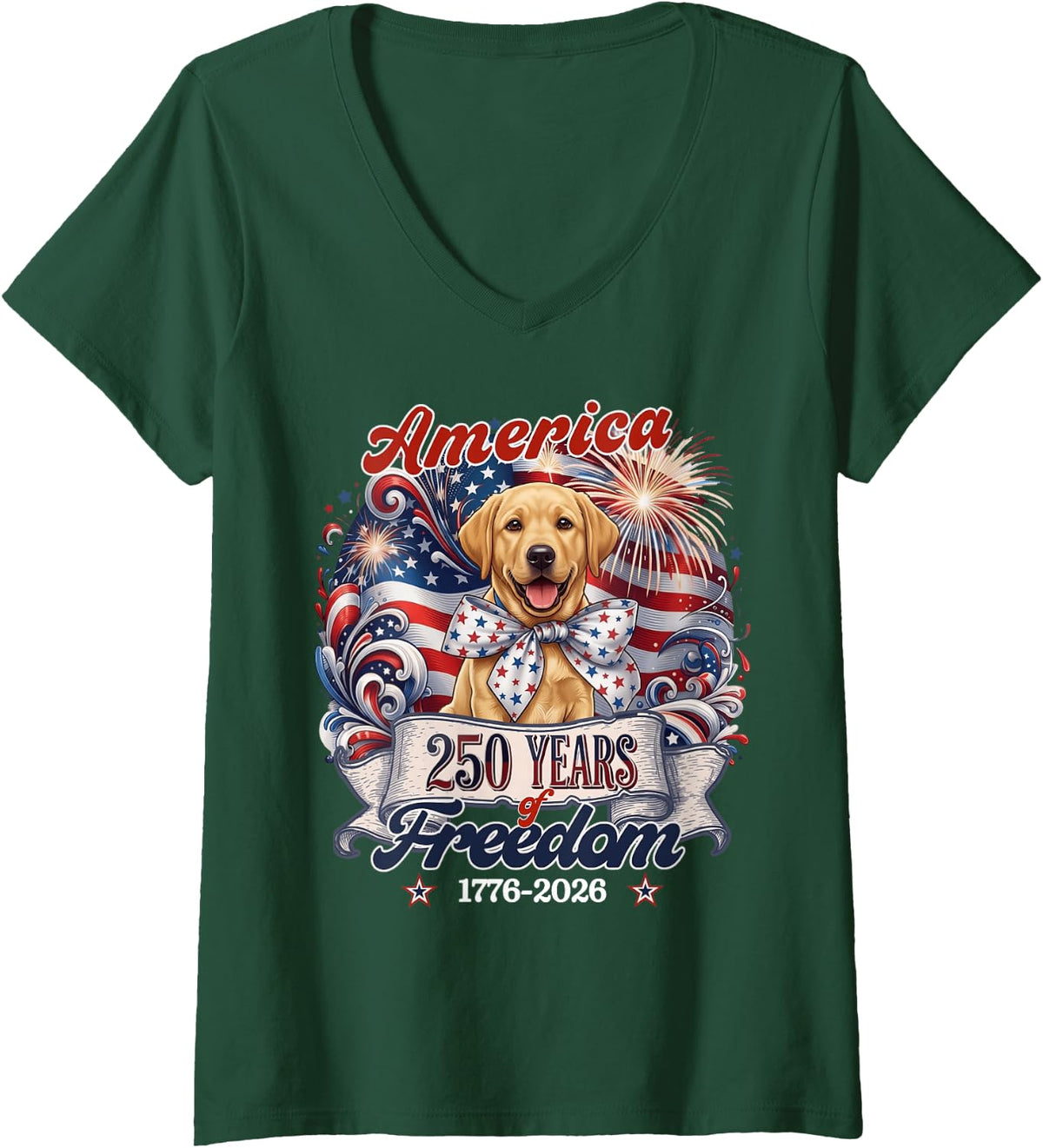 Women's Yellow Labrador Dog 250th America Patriotic USA 4th of July V-Neck T-Shirt - Dark Green