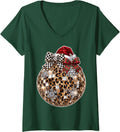 Women's Leopard Disco Ball Santa Hat Christmas Checkered Bow V-Neck T-Shirt - Dark Green