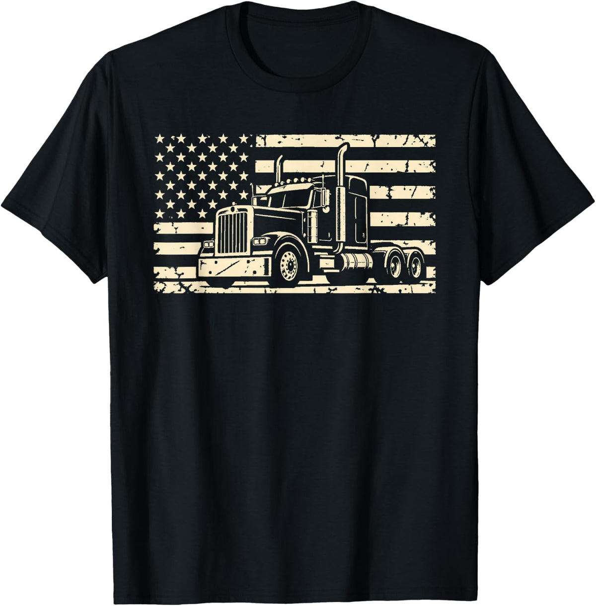 Woodcut Semi Truck American Flag Truck Driver Gift Trucker T-Shirt - Black