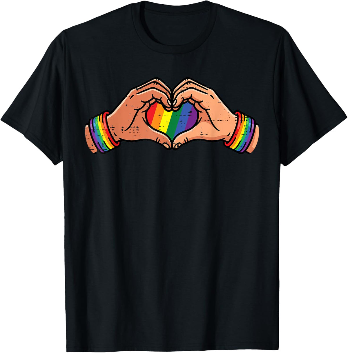 Rainbow Gay Heart Hands LGBT Pride Month Love Ally Women Men T-Shirt - Black