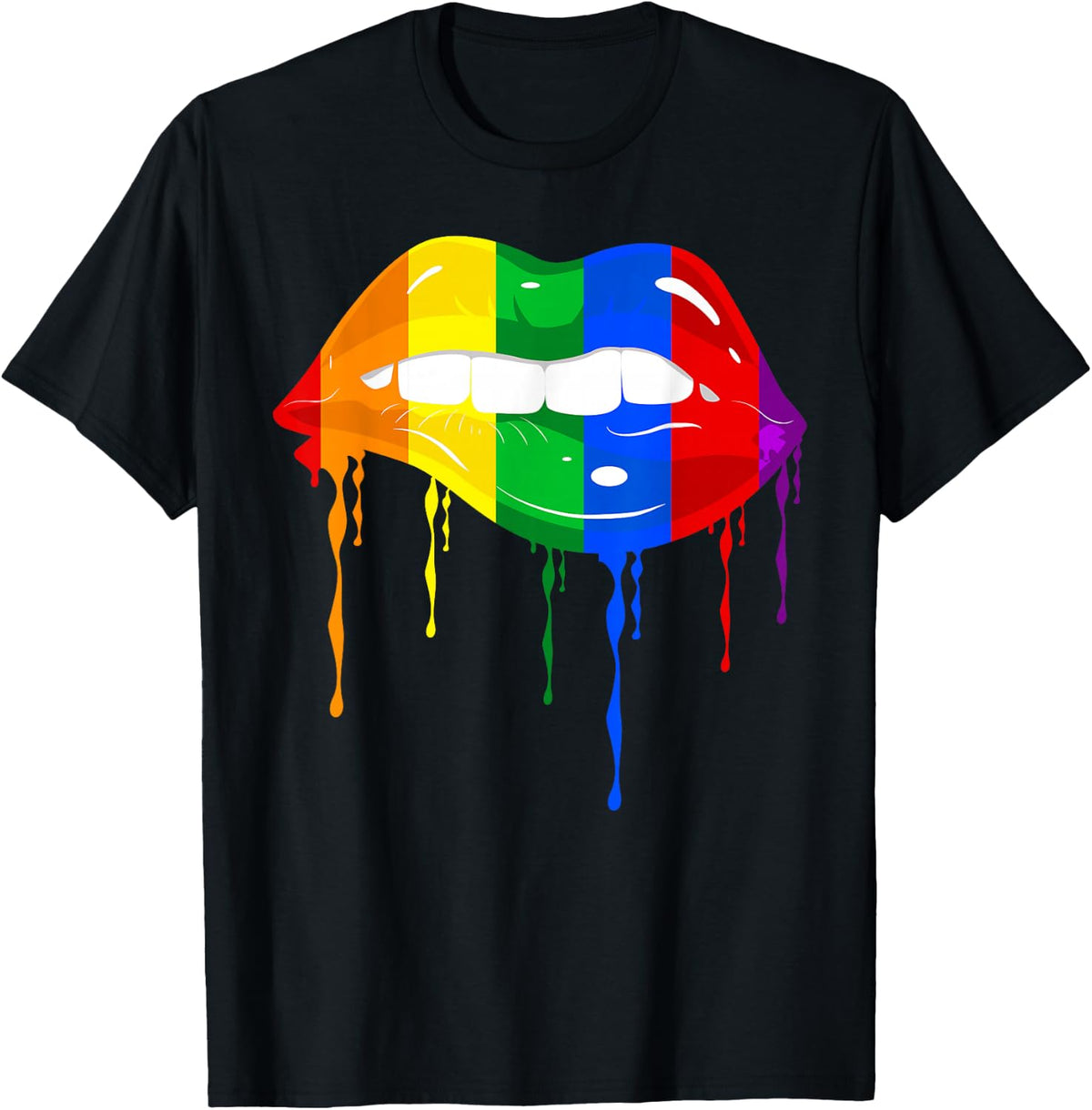 Cute Mouth Lesbian Lips Kissing Rainbow Flag Gay Pride LGBT T-Shirt - Black