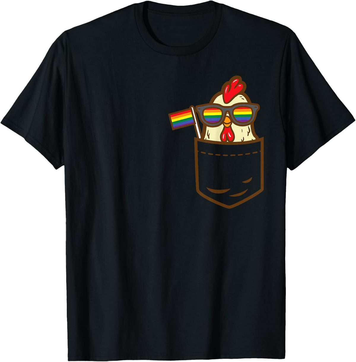 Chicken Animal Pocket Farm LGBTQ Rainbow Flag Gay Pride Ally T-Shirt Tees for Men Women - Black