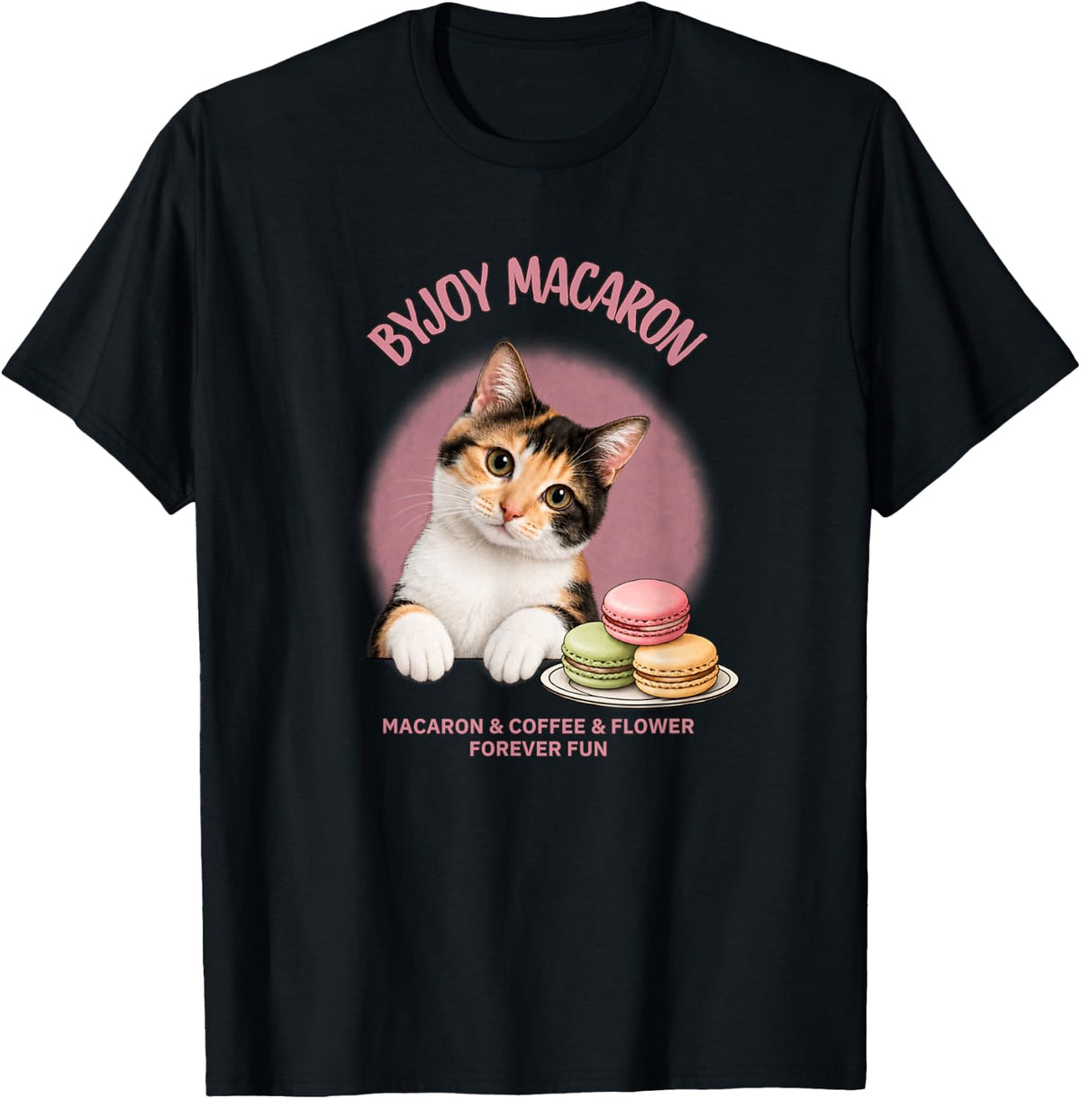 Cute Calico Cat Macaron Coffee Lover Design T-Shirt - Black