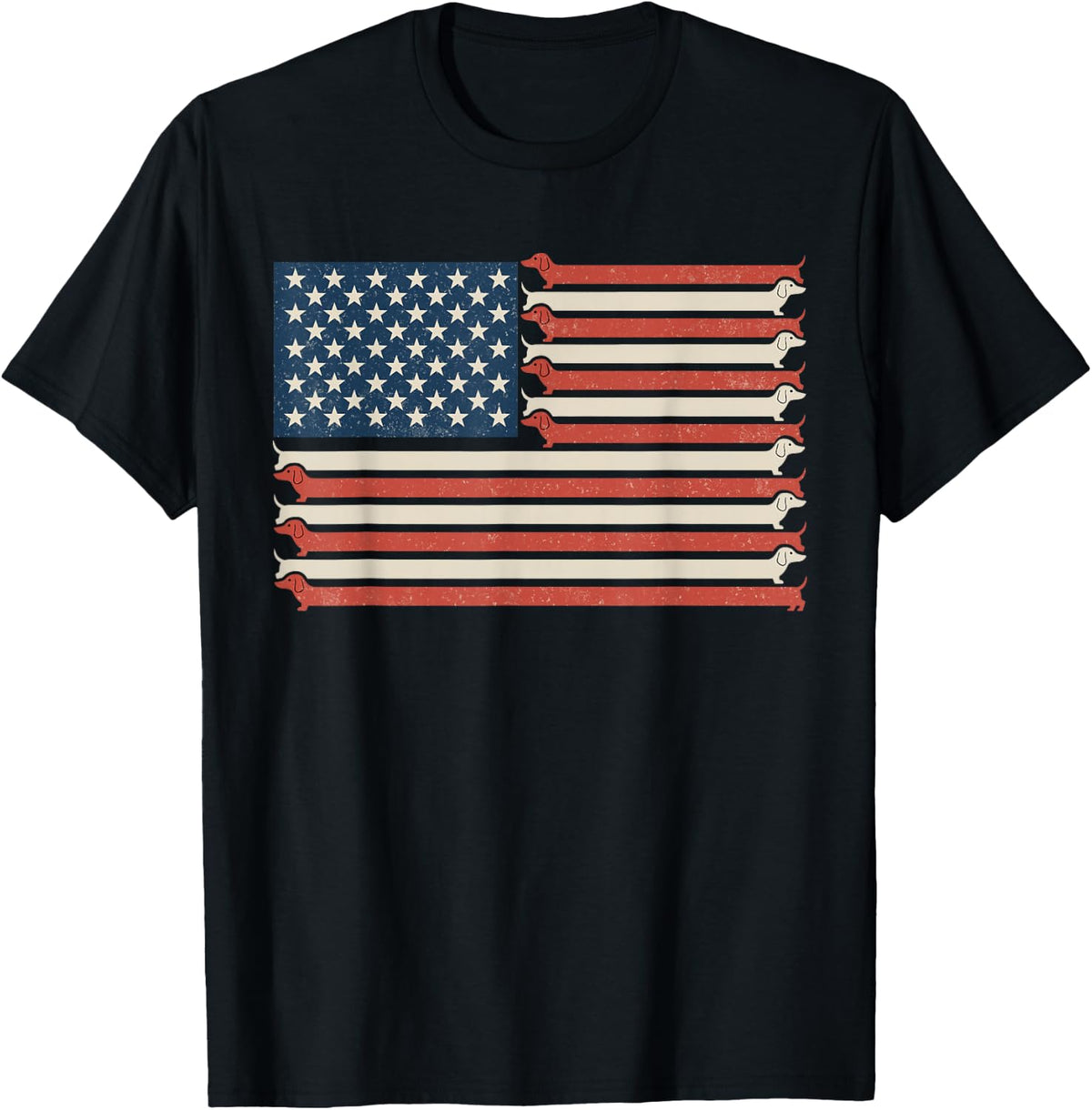 Retro Paws and Stripes Forever Dachshund Weiner Dog US Flag Tee T-Shirt - Black