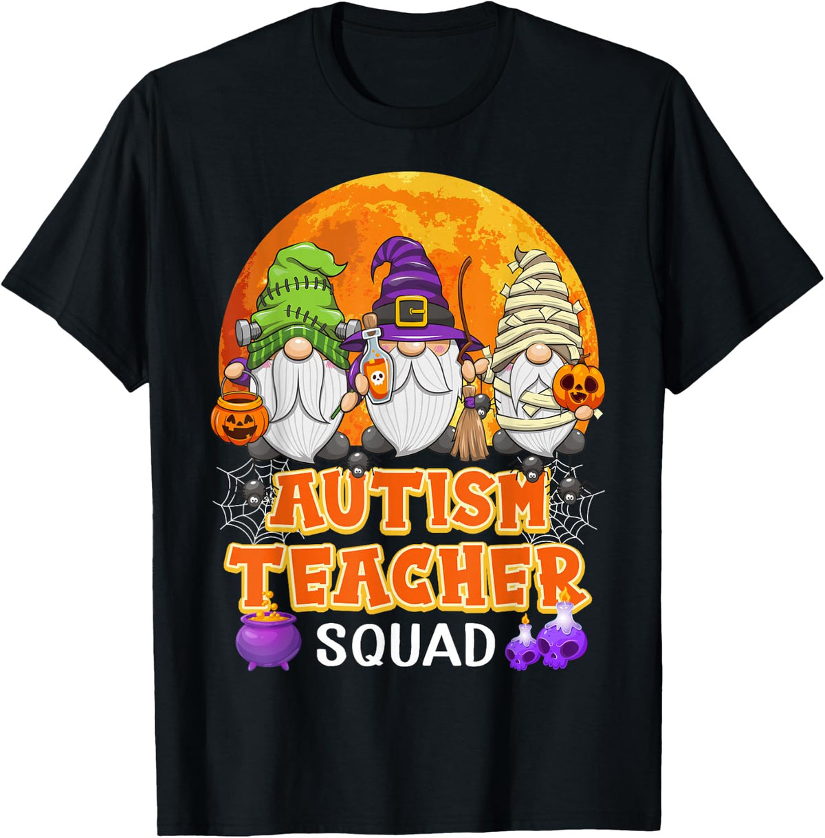 Autism Teacher Squad Halloween Gnome Matching T-Shirt - Black