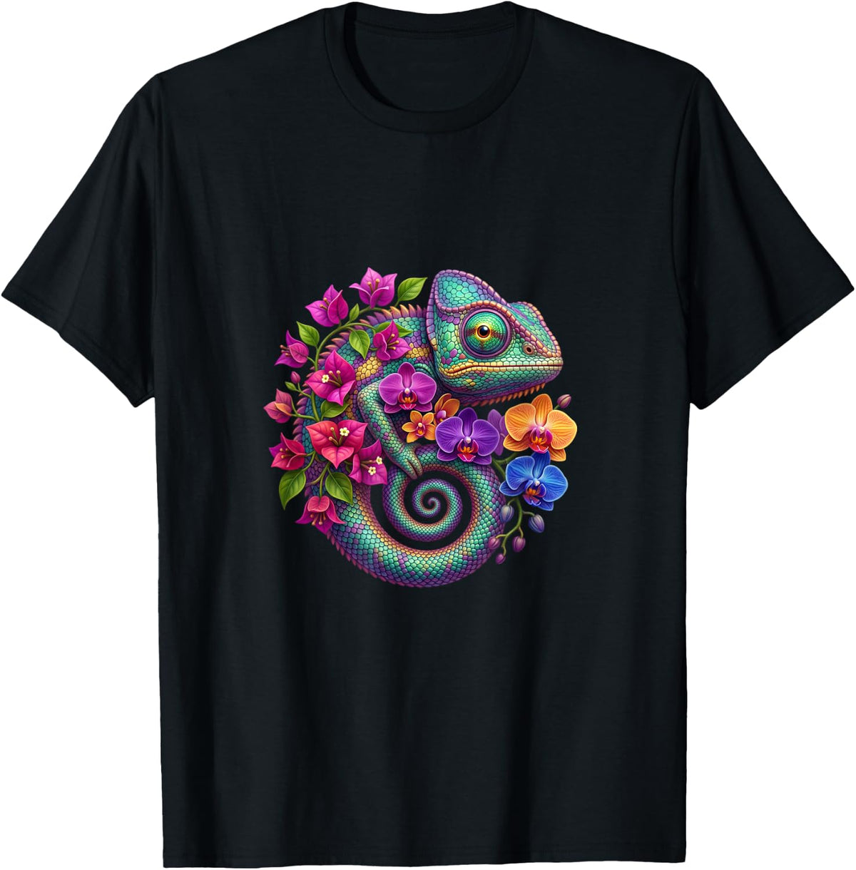Chameleon with Elegant Orchids T-Shirt - Black