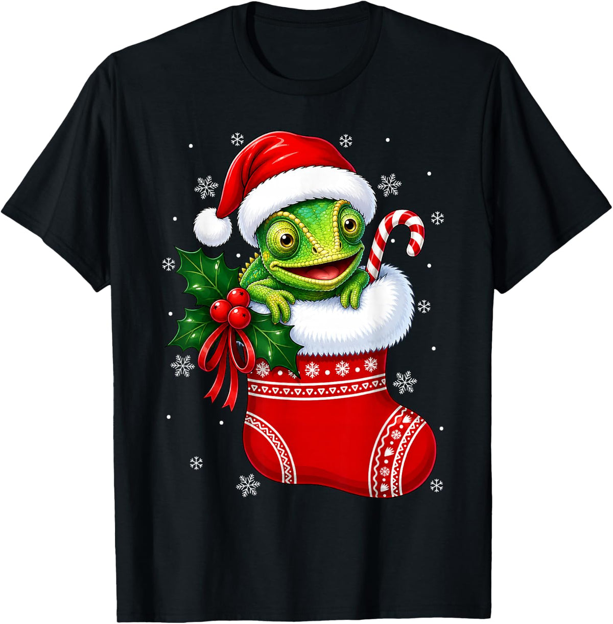 Chameleon Christmas Stocking Cute Festive Chameleon Xmas T-Shirt - Black