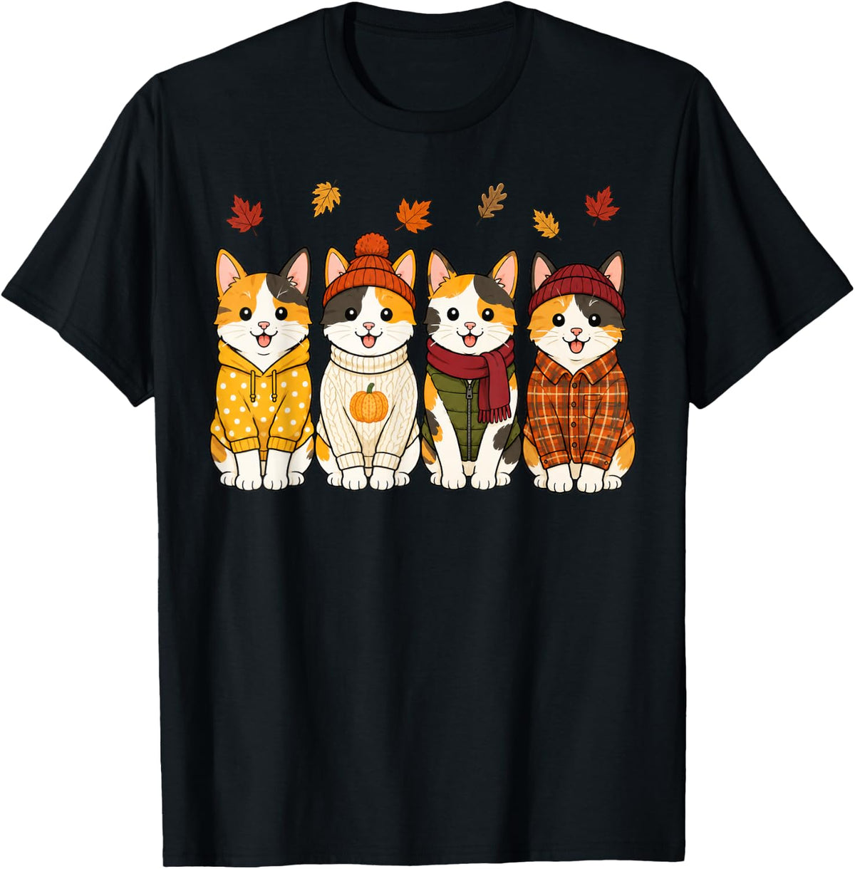 Calico Cat Fall Autumn Season Pumpkin T-Shirt - Black