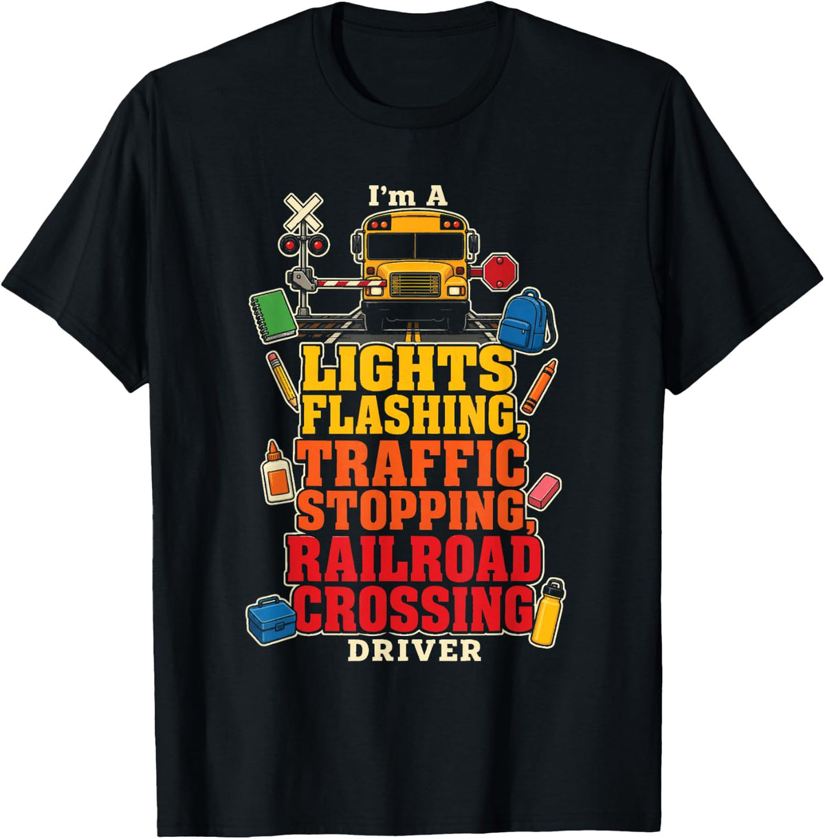 School Bus Driver Lights Flashing Traffic Stopping T-Shirt - Black