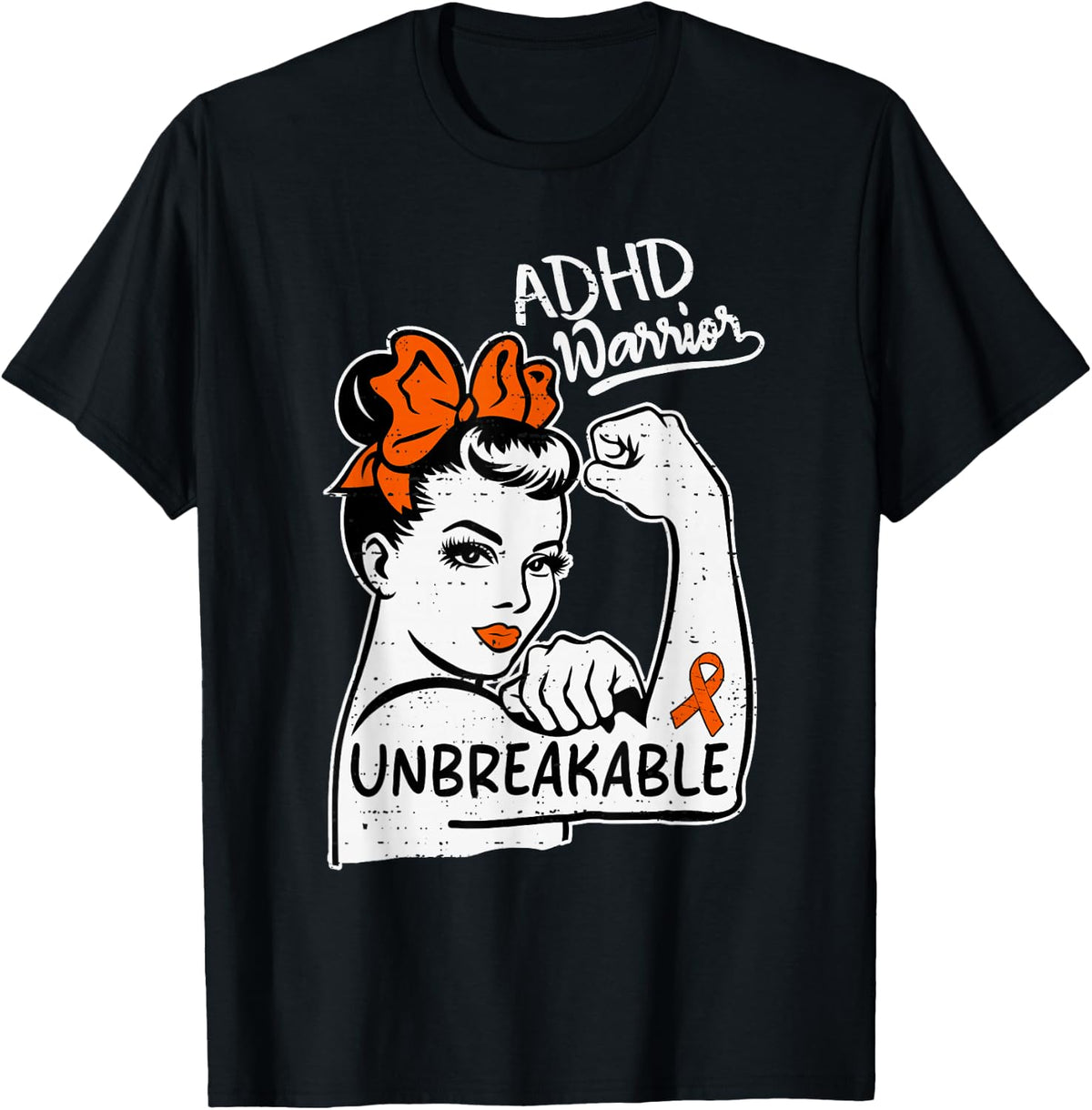 Womens ADHD Warrior Awareness Ribbon Orange Suppport T-Shirt - Black