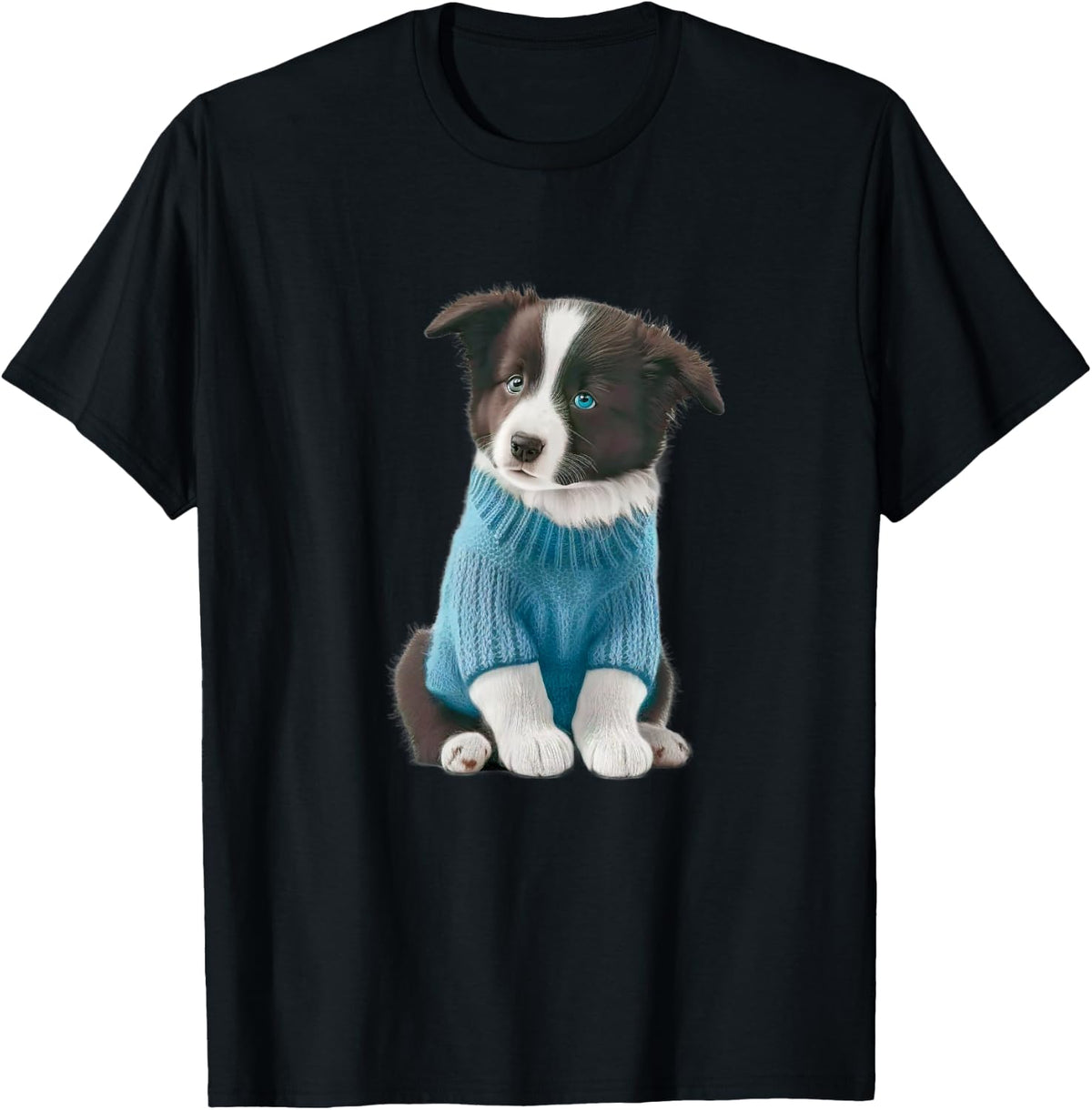 Cute Border Collie in A Blue Sweater T-Shirt - Black