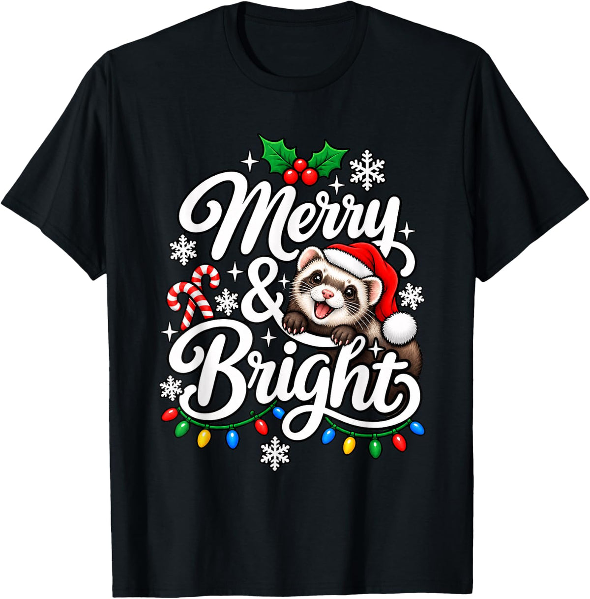Ferret Merry Bright Christmas Zoo Xmas Santa Hat T-Shirt - Black