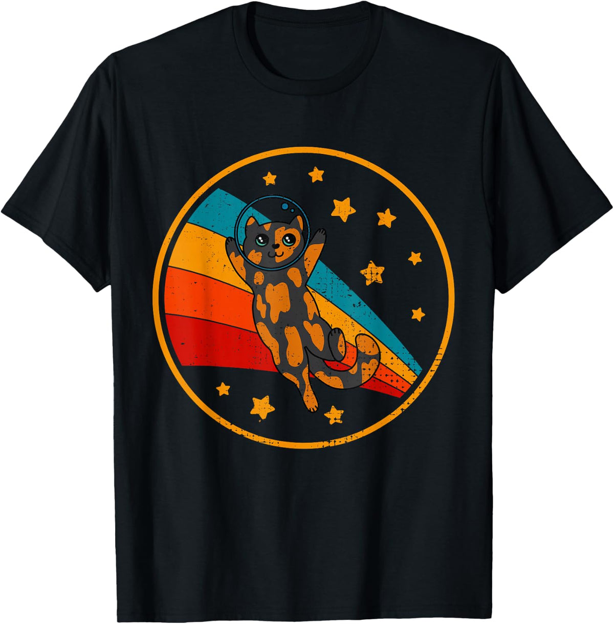 Cute Vintage Tortoiseshell Cat Retro Space Cat T-Shirt for Men Women Girls Kids - Black