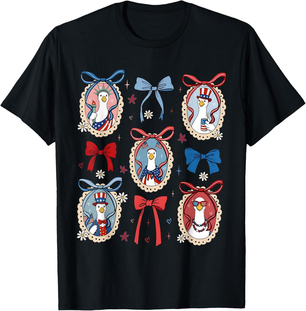 Cute Patriotic Goose Coquette Bows 4th of July Girl Women T-Shirt - Black