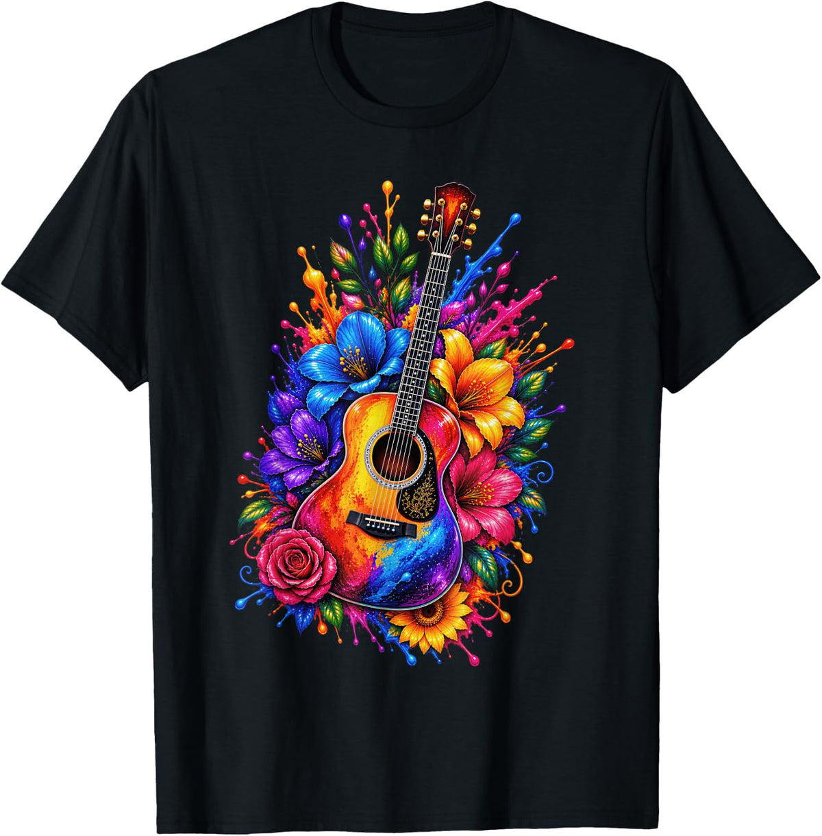 Acoustic Guitar Colorful Floral Guitars Players Musician T-Shirt - Black