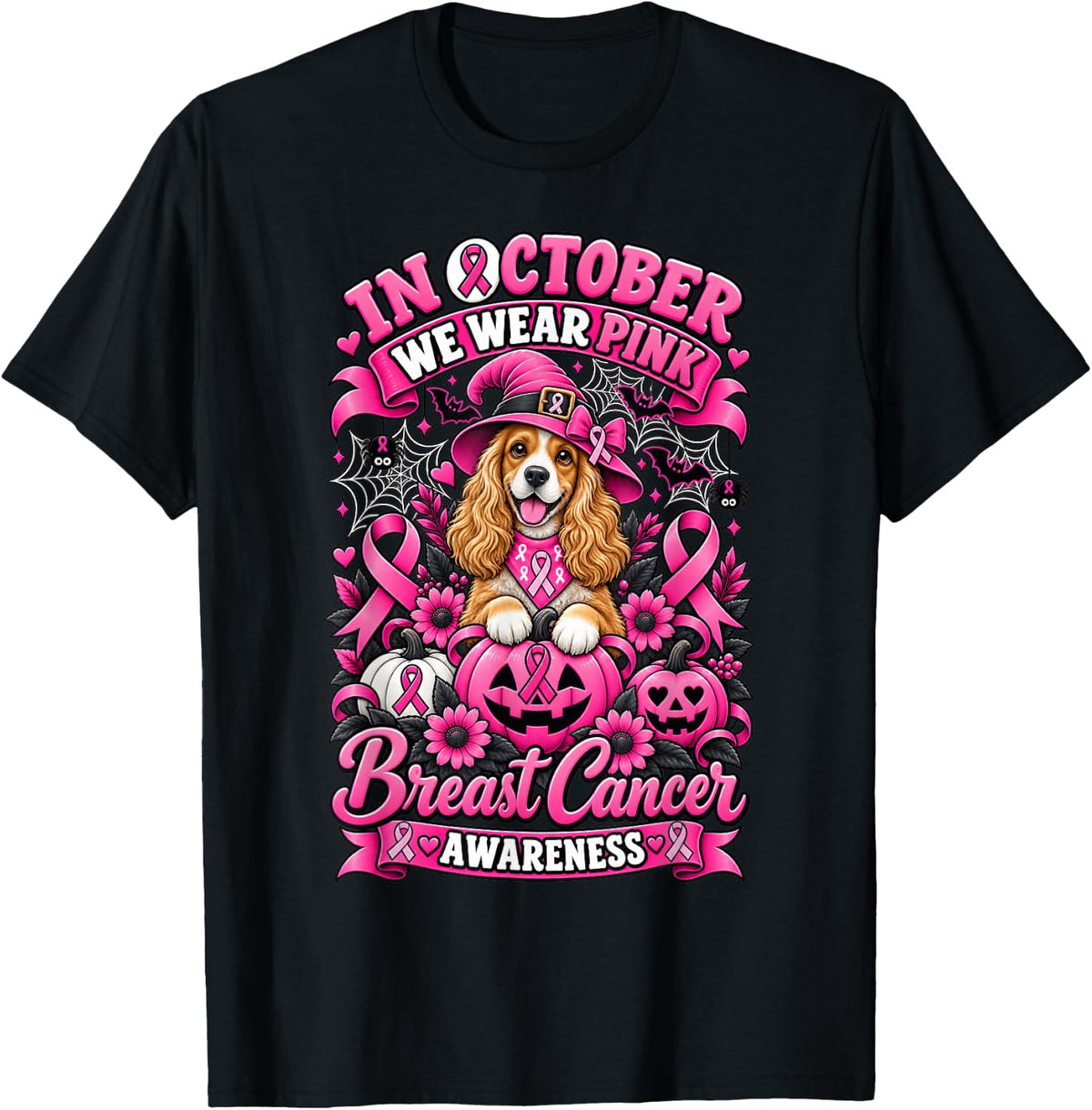 in October We Wear Pink Ghost Cocker Spaniel Dog T-Shirt - Black