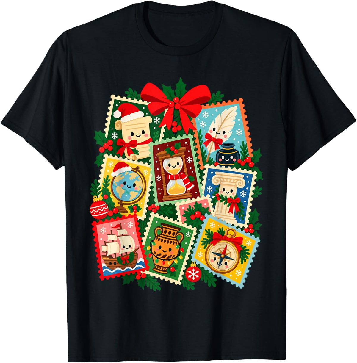 Christmas History Teacher Vintage Holiday Stamp Collage T-Shirt - Black