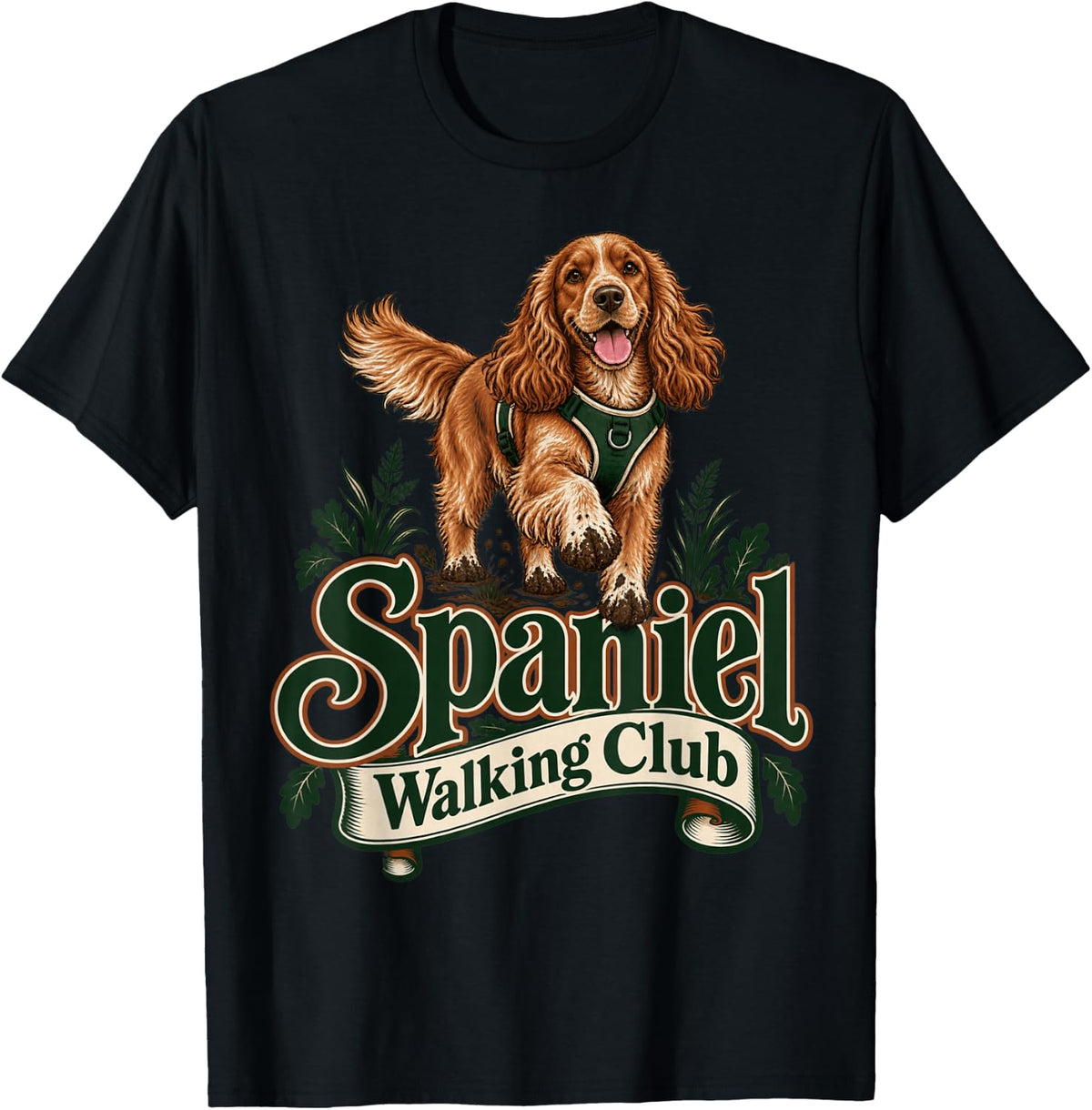Spaniel Walking Club British Dog Lover Design T-Shirt - Black