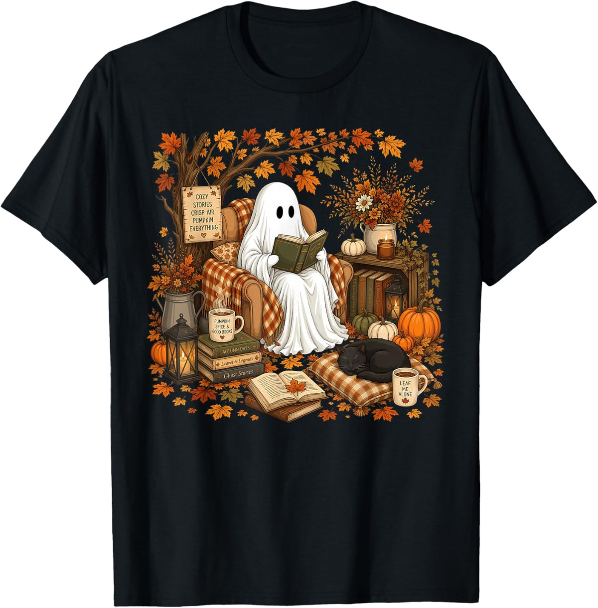 Cute Ghost Reading Book Lovers Autumn Fall Halloween Teacher T-Shirt - Black