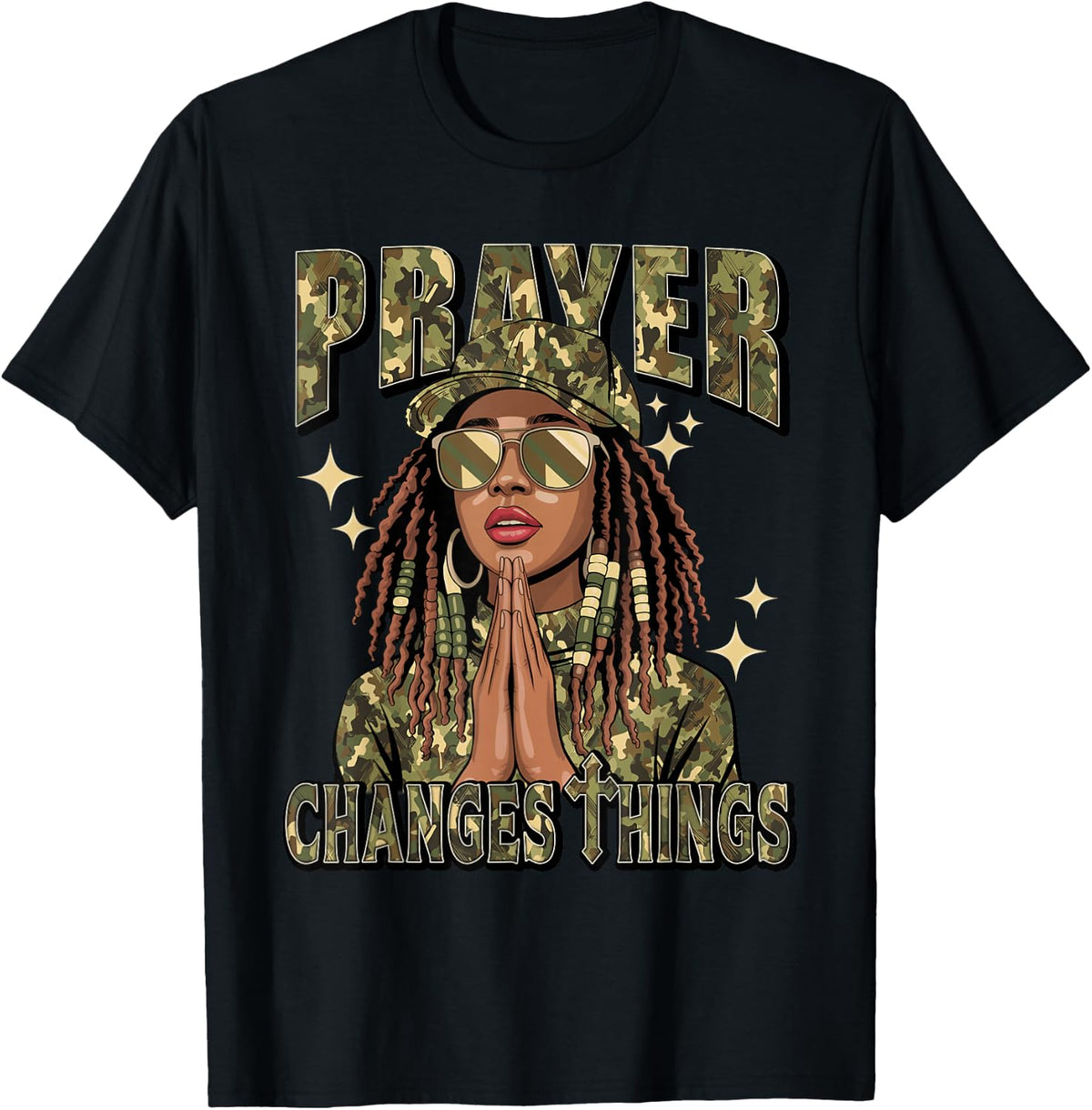 Prayer Changes Thing Black Women Afro African Christian Camo T-Shirt - Black