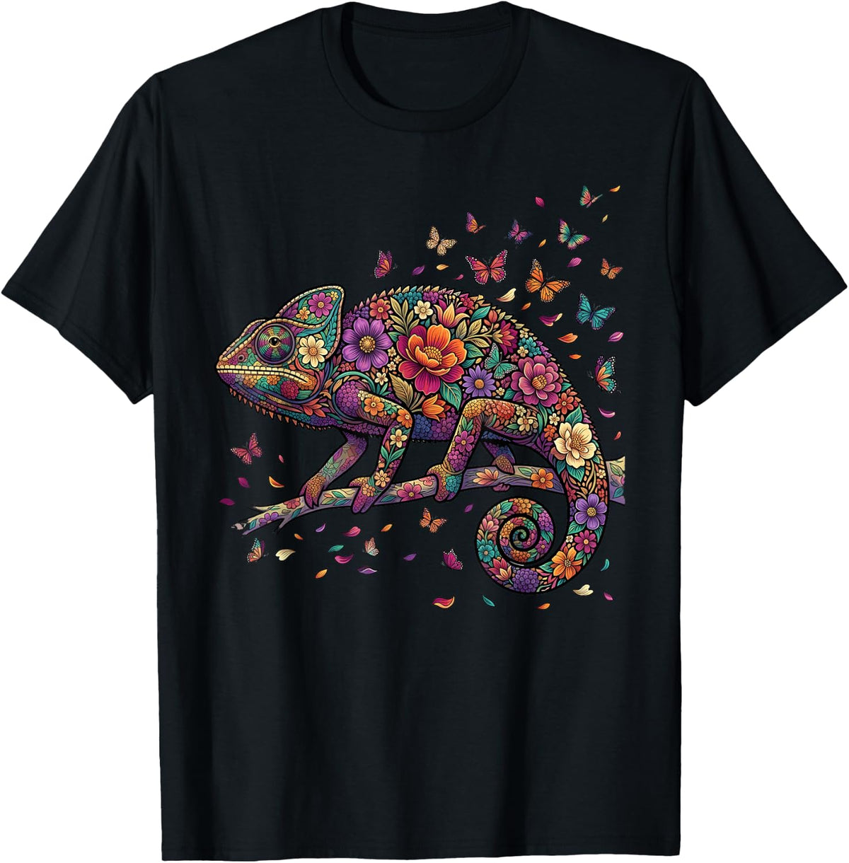 Chameleon Colorful Floral Butterfly Flowers Botanical T-Shirt - Black