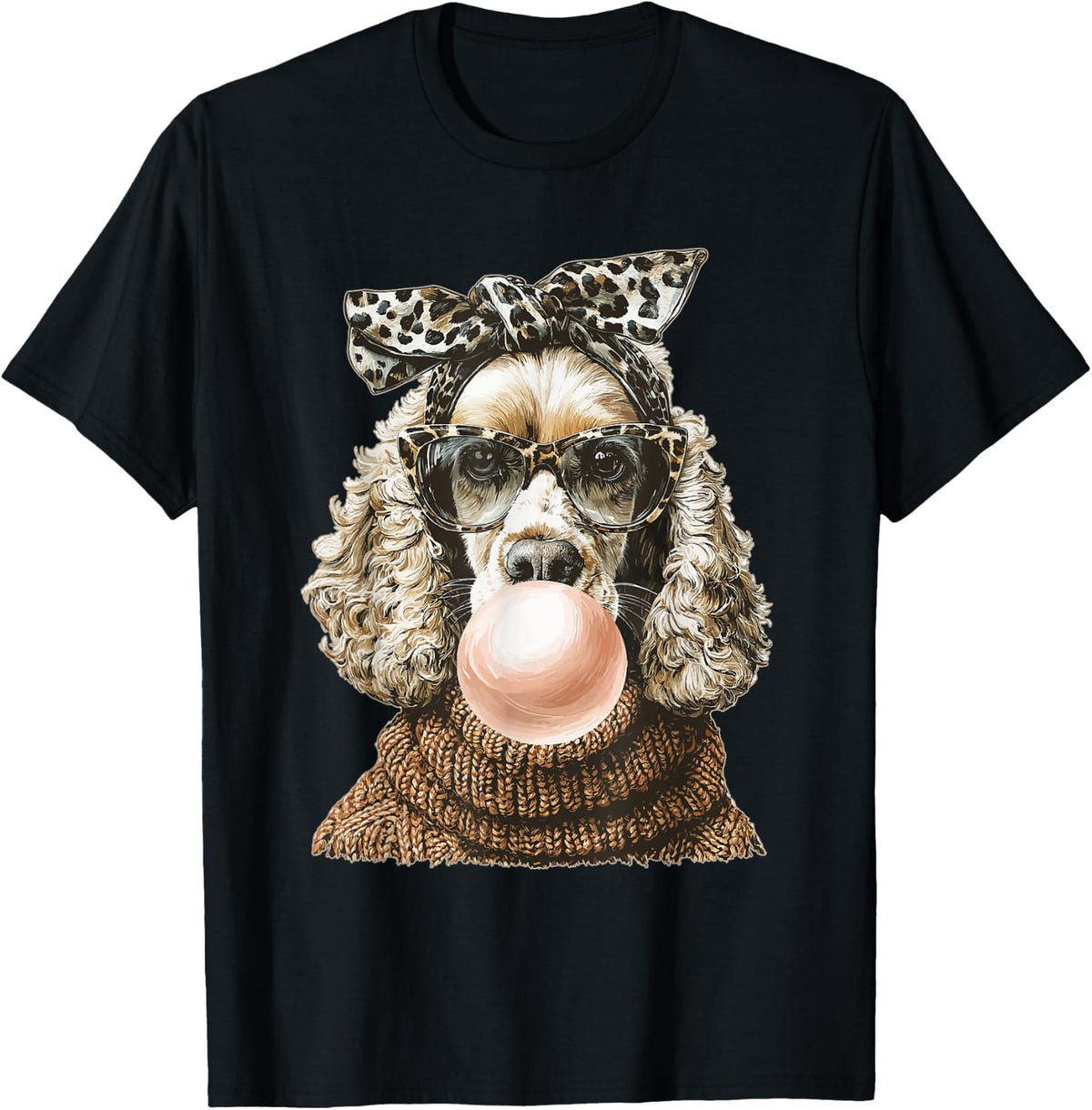 Cute Cocker Spaniel with Bubblegum Coquette Bow Autumn Dog T-Shirt - Black