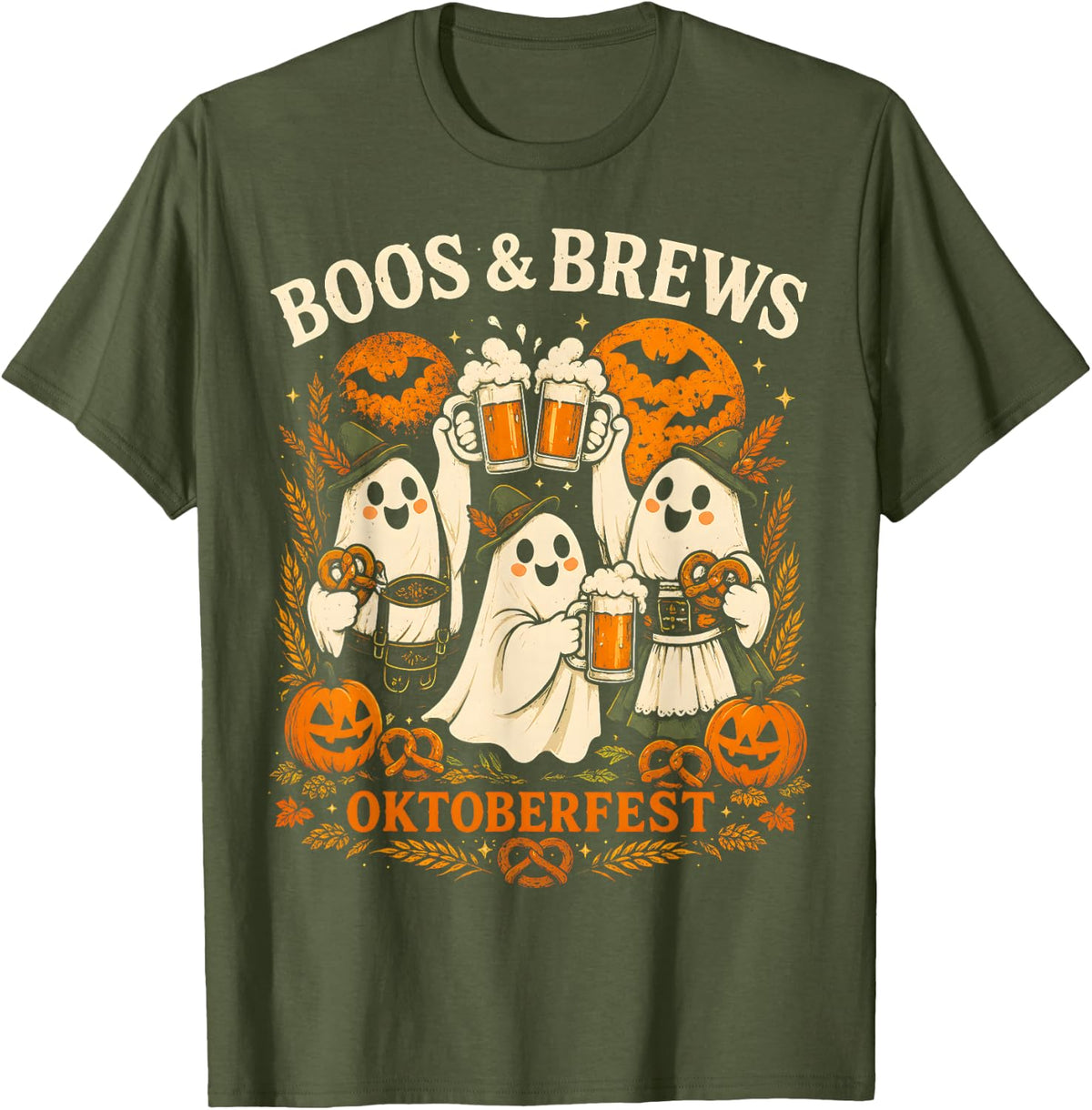 Boos and Brews Oktoberfest Halloween Ghost Men Women T-Shirt - Olive Green
